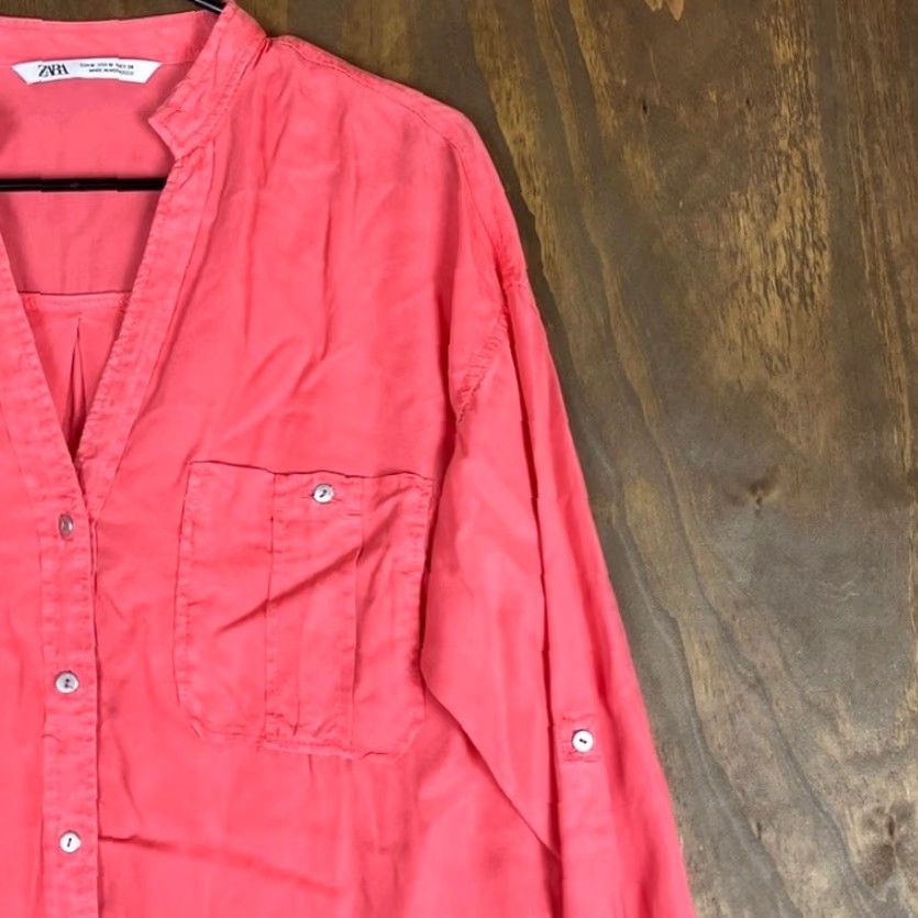 Zara Zara Womens Blouse V Neck Button-Down Long Sleeve M Coral Utility Shirt Womens Medium Coral V-Neck Button-Down Long Sleeve Blouse Size M / US 6-8 / IT 42-44 - 5 Thumbnail