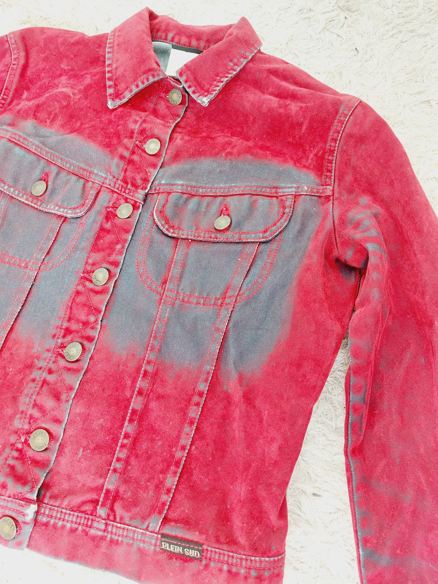 plein sud Plein Sud Red Blood Velvet Shadow Tar Denim Jacket Size M / US 6-8 / IT 42-44 - 3 Thumbnail