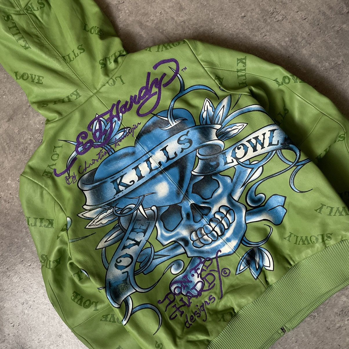 Christian Audigier × Ed Hardy × Vintage Rare❗️Vintage Ed-Hardy Overprint Leather Jacket Size US S / EU 44-46 / 1 - 10 Thumbnail