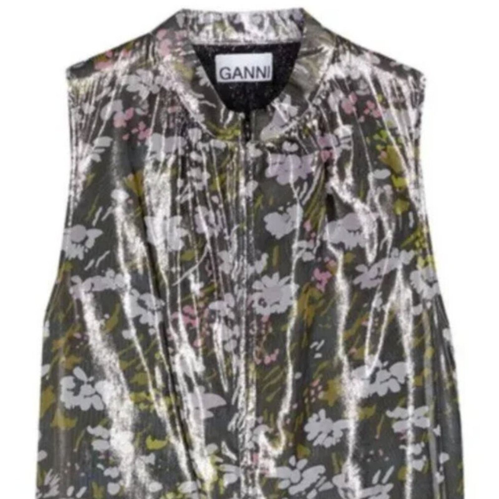 Ganni Ganni Floral print silk blend Metallic top Olive Green Size S / US 4 / IT 40 - 3 Thumbnail