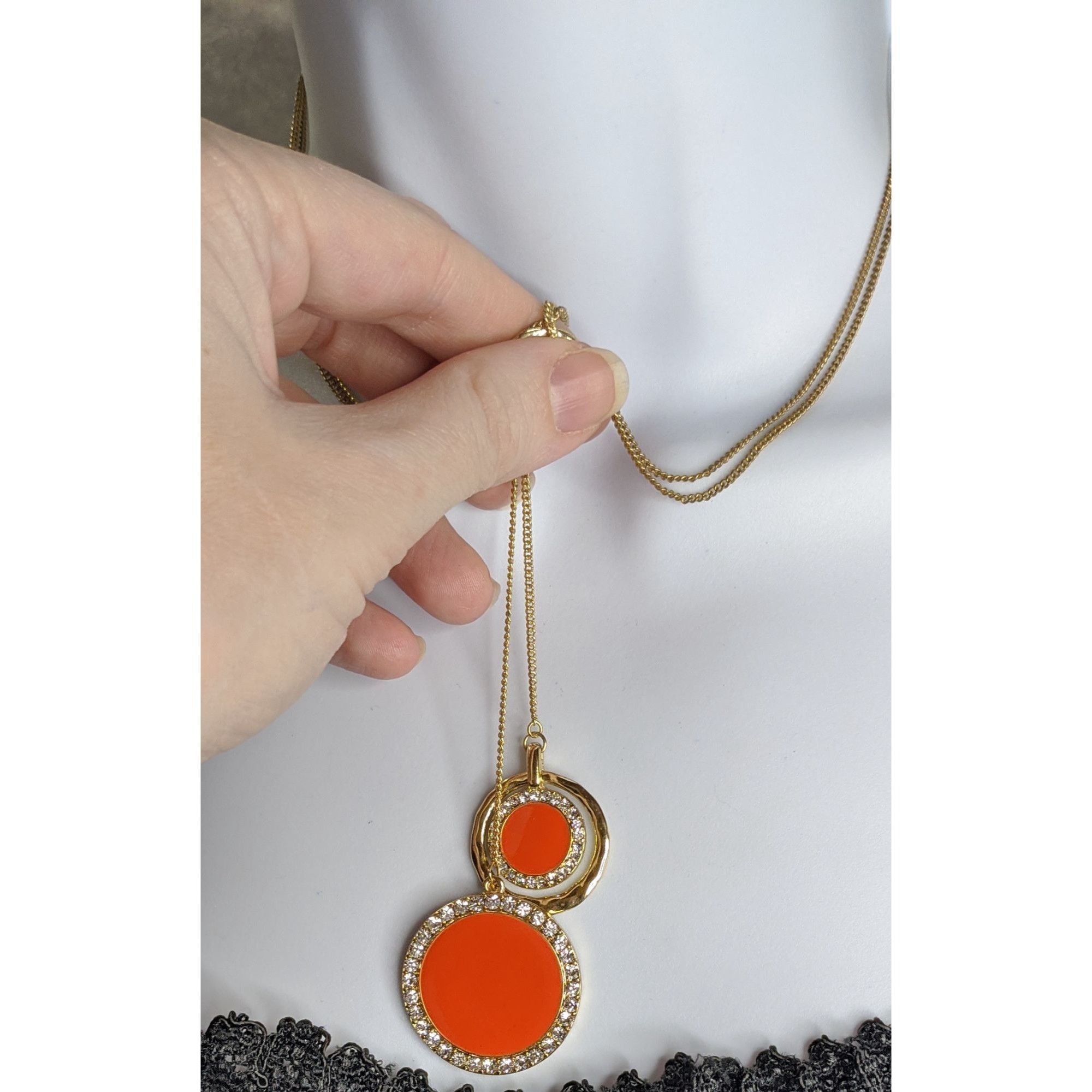 Other Retro Gold-Tone Pendant Necklace With Double Orange Enamel D Size ONE SIZE - 2 Thumbnail