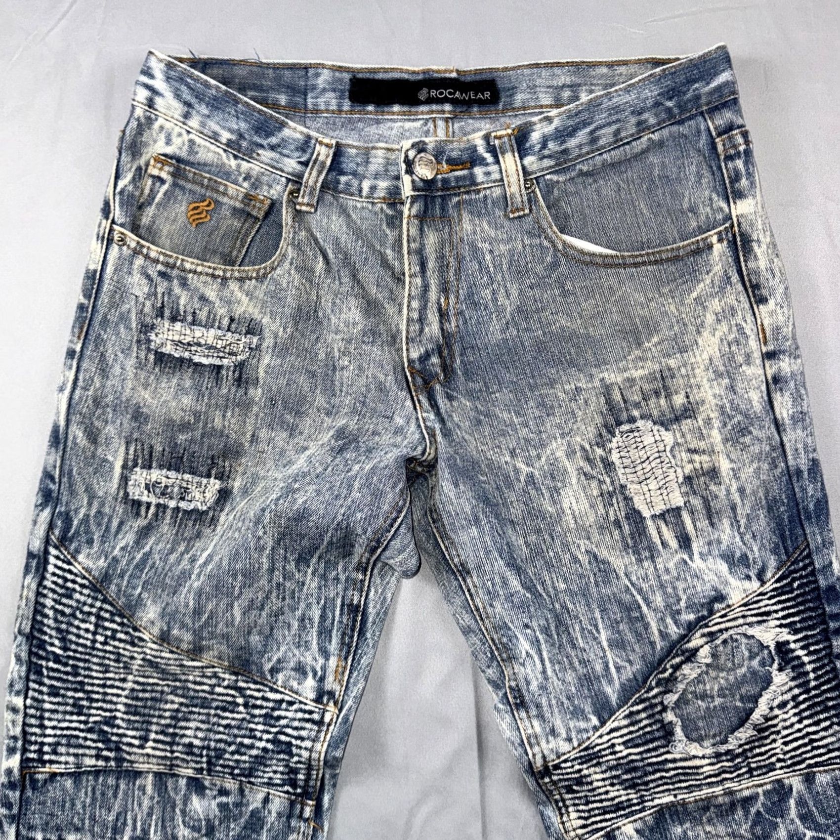 Rocawear Rocawear Jeans Mens 32x32 Blue Acid Wash Moto Distressed Straight Denim Pants Size US 32 / EU 48 - 3 Thumbnail