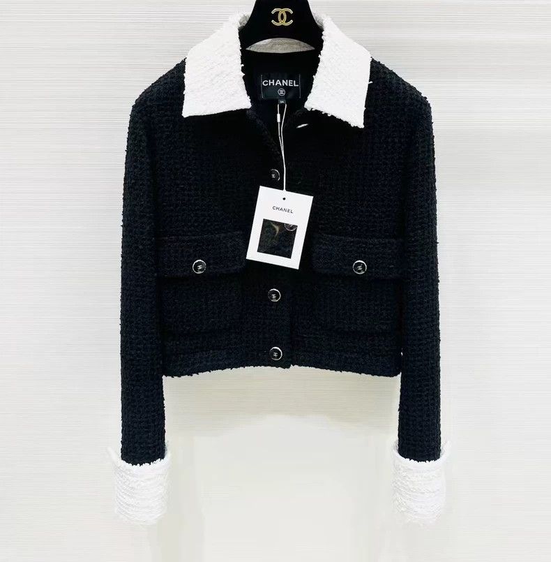 Chanel Chanel 25P black tweed white lapel short jacket Size XXS / US 00 / IT 34 - 1 Thumbnail