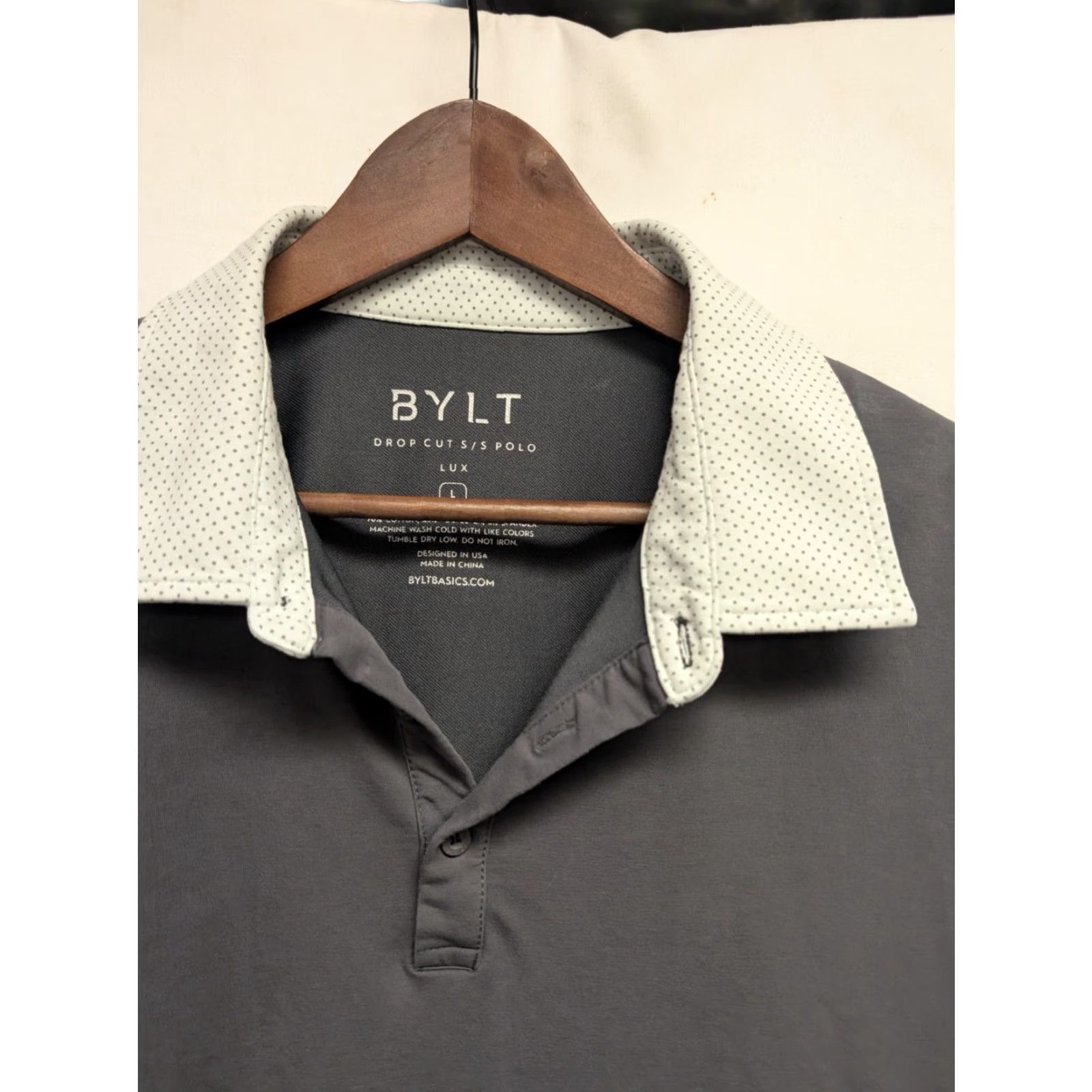 Vintage BYLT Polo Shirt Mens L Gray Polka Dot Cotton Polyester Spandex Breathable All Seasons Golf Rugby Short Sleeve Button Collar Logo Size US L / EU 52-54 / 3 - 3 Thumbnail