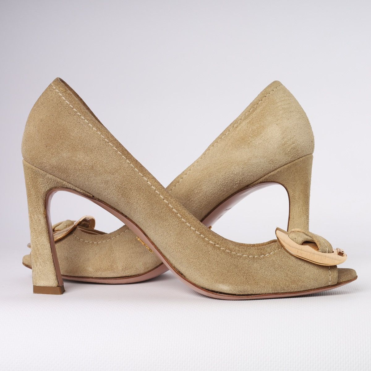 Prada Prada Beige Suede Peep-toe Pumps gold-tone Buckle Block Heel Size US 6.5 / IT 36.5 - 13 Thumbnail