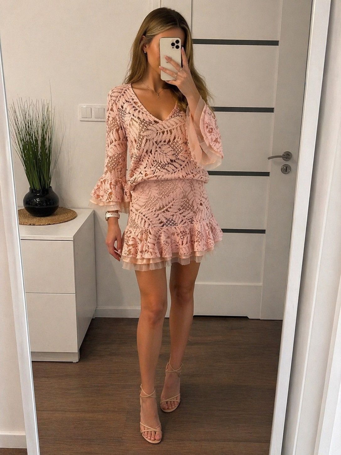 ALEXIS Stunning Lace Two-Piece Set - Peach Pink | Top and Skirt Size S / US 4 / IT 40 - 1 Thumbnail