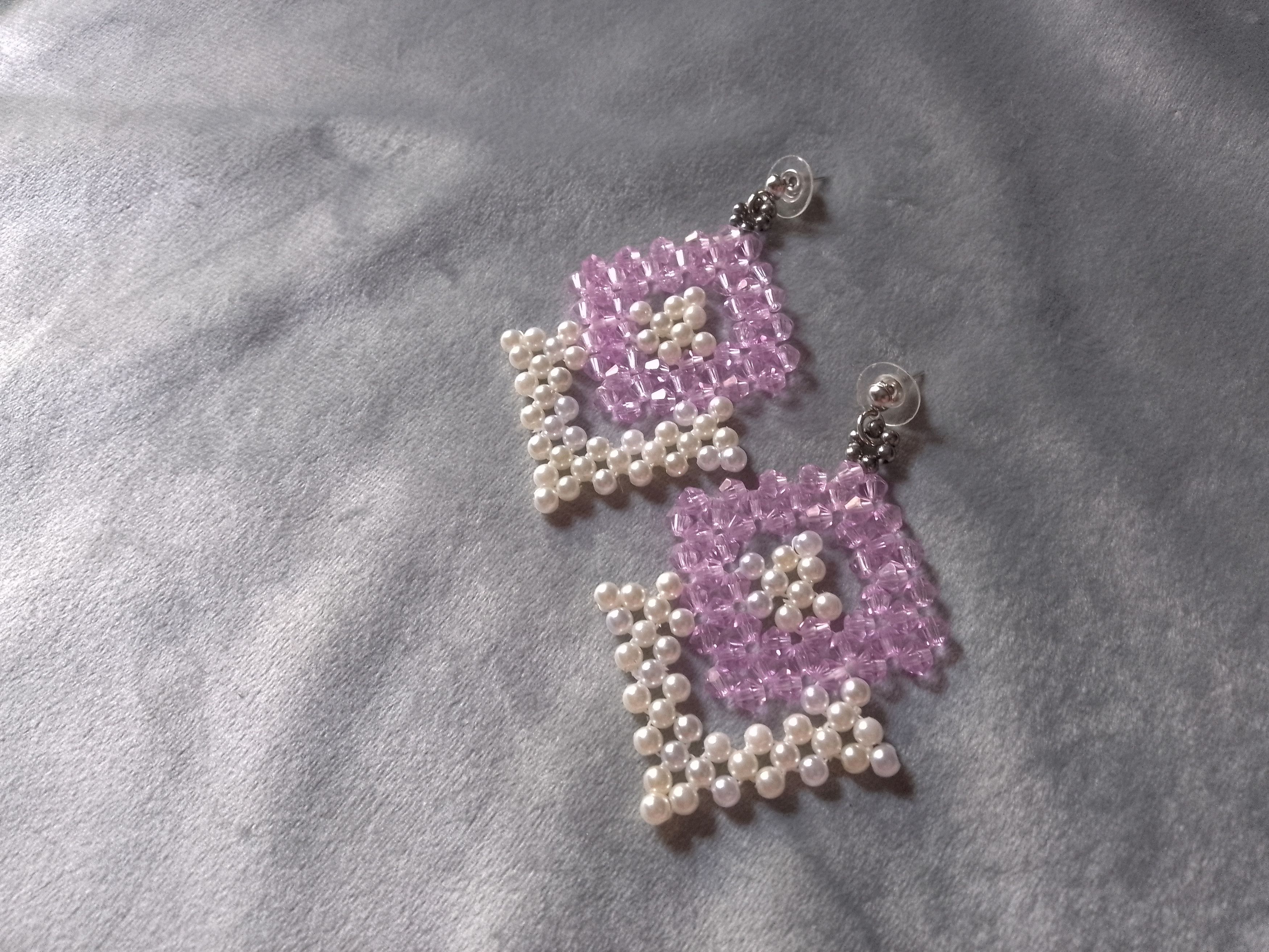 Handmade Earrings. Light purple, Pearls. Beaded. Square. Elegant Size ONE SIZE - 2 Thumbnail