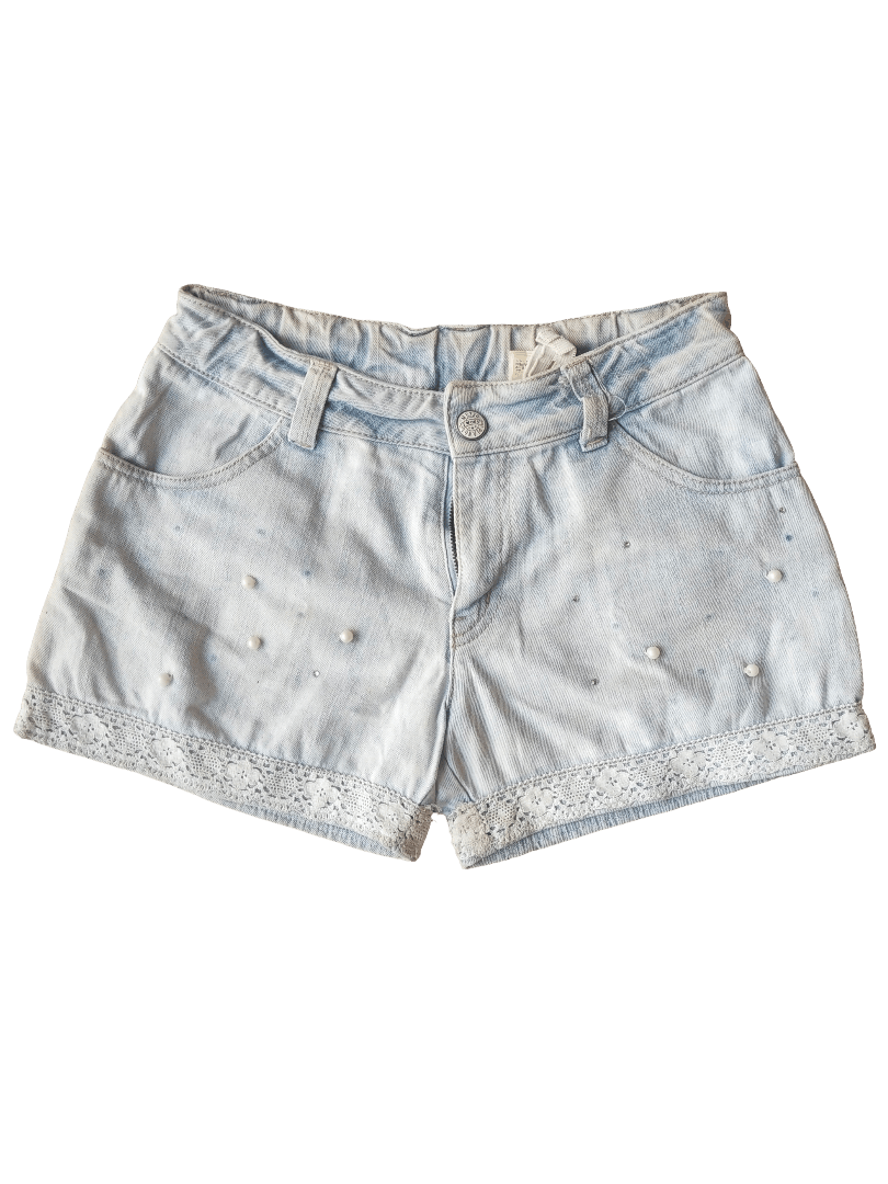 Mezzo Piano Candy Pink Lace Pearl Denim Shorts