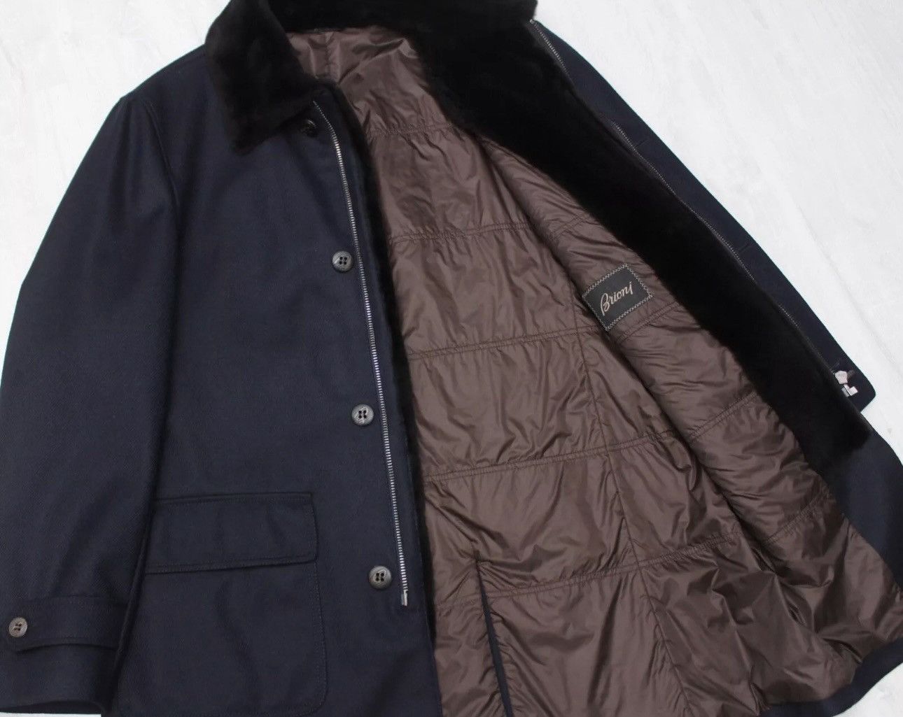 Brioni BRIONI Luxury Wool Long Navy Fur Collar Coat Overcoat fit XL Size US XL / EU 56 / 4 - 13 Thumbnail
