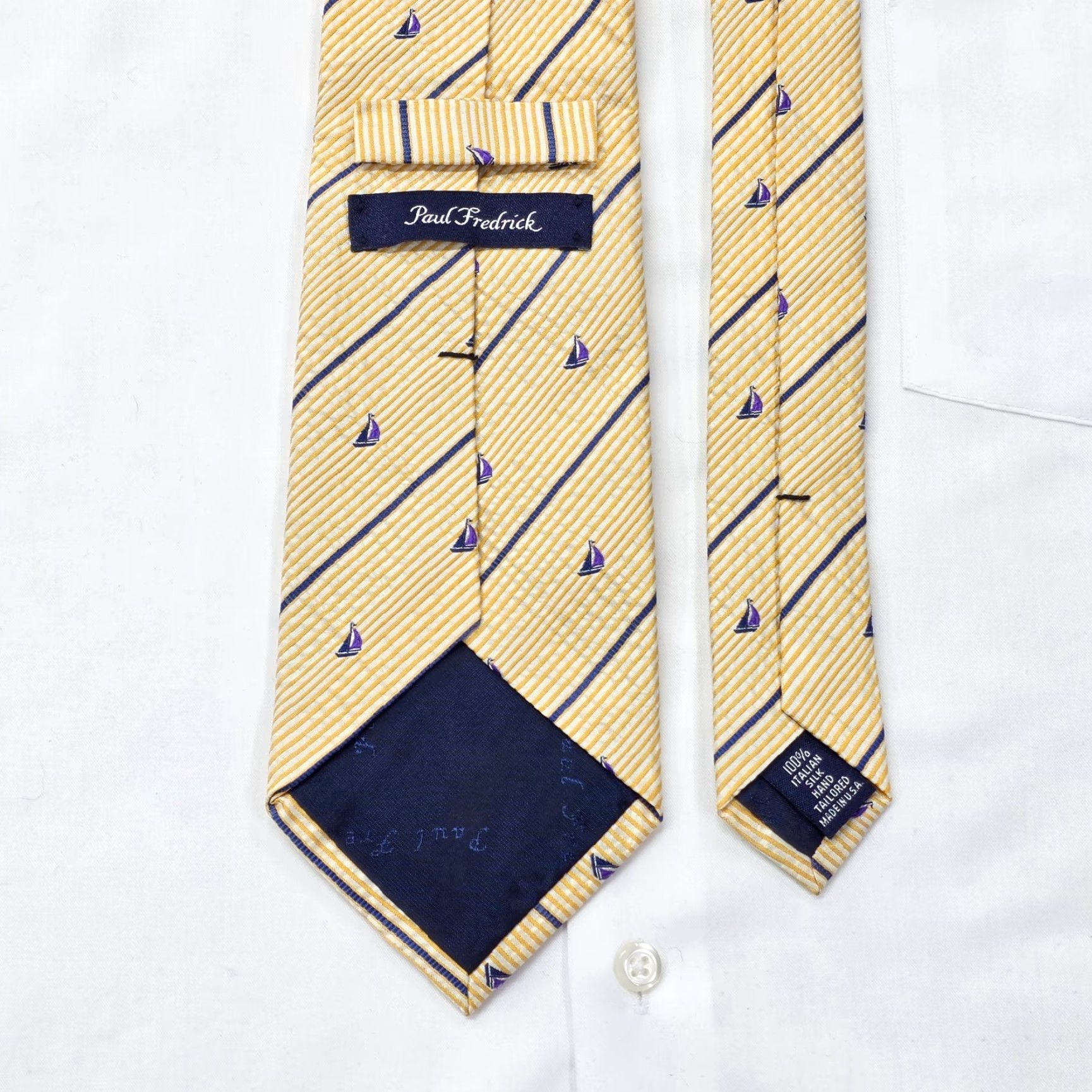 Vintage Paul Fredrick Necktie Mens Yellow Designer Tie Sail Boats Striped Preppy 59" X 3.75" Silk Tie Mens Size ONE SIZE - 4 Thumbnail