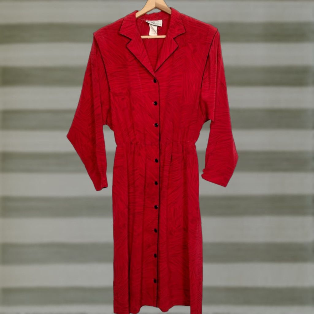 Vintage Willi of California Dress Shirt Dress Vintage 1980s Midi Red Black Long Sleeve Women's Size 14 Office Wear Mens? Size XL / US 12-14 / IT 48-50 - 1 Thumbnail