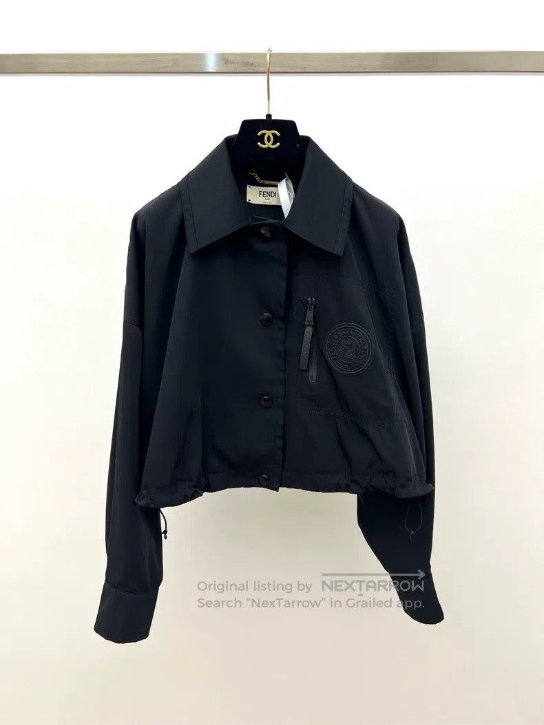 Fendi Beige Logo Shirt Collar Lamb Leather Jacket