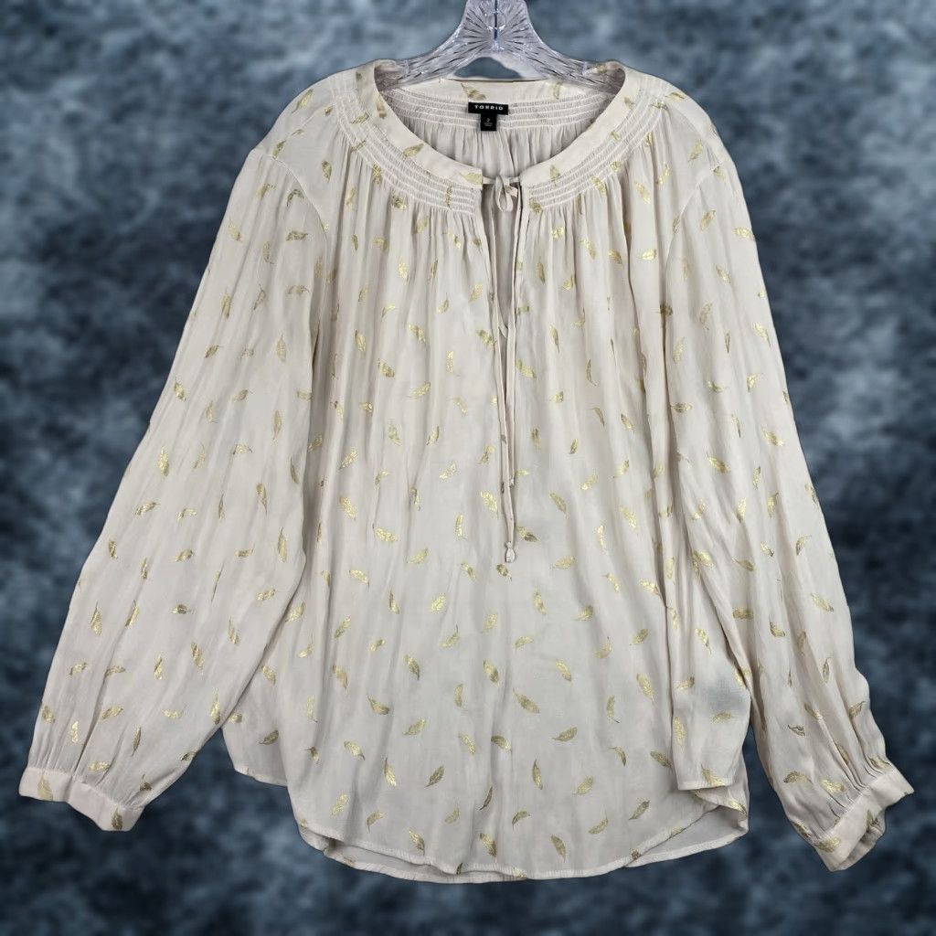Torrid Torrid Blouse Shirt Geometric Beige Metallic Feather Print Long Sleeve 2X Womens Adult Plus Size Pullover Casual Fashion" Size XXL / US 16-18 / IT 52-54 - 1 Thumbnail
