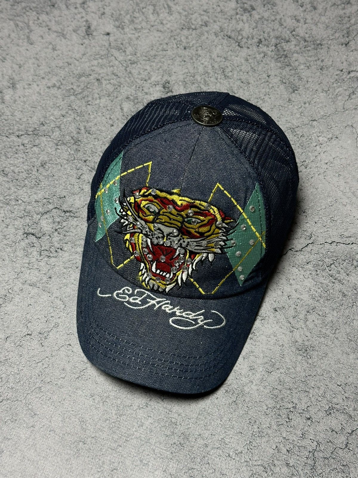 Ed Hardy Vintage Ed Hardy Tiger Logo Denim Rhinestones Trucker Cap Size ONE SIZE - 8 Thumbnail