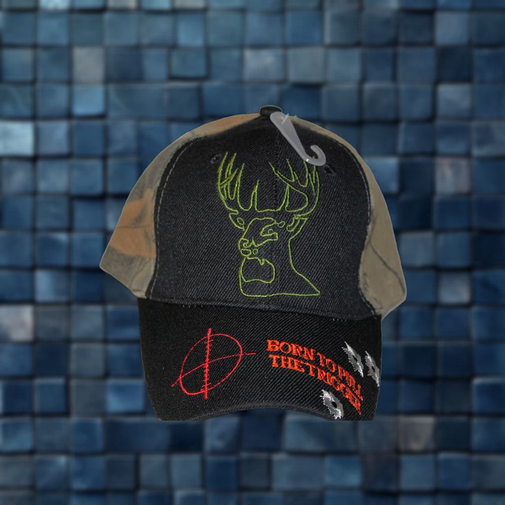 Born VINTAGE Hunting Baseball Cap Men Adjustable Camo Black Deer Born to Pull the Trigger Outdoor Outdoors Men Size ONE SIZE - 1 Thumbnail