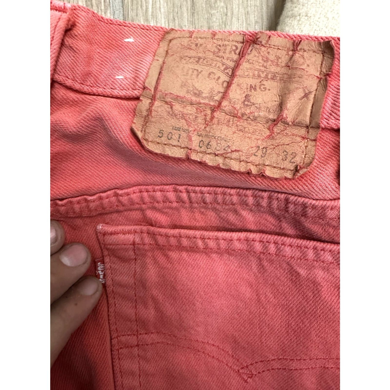 VINTAGE Levi's 501 Jeans Denim Red/Pink Button Fly Size 28 x 31 Mens USA Distressed Length 31in Straight Fit 14in Front Across Waist 10.5in Rise