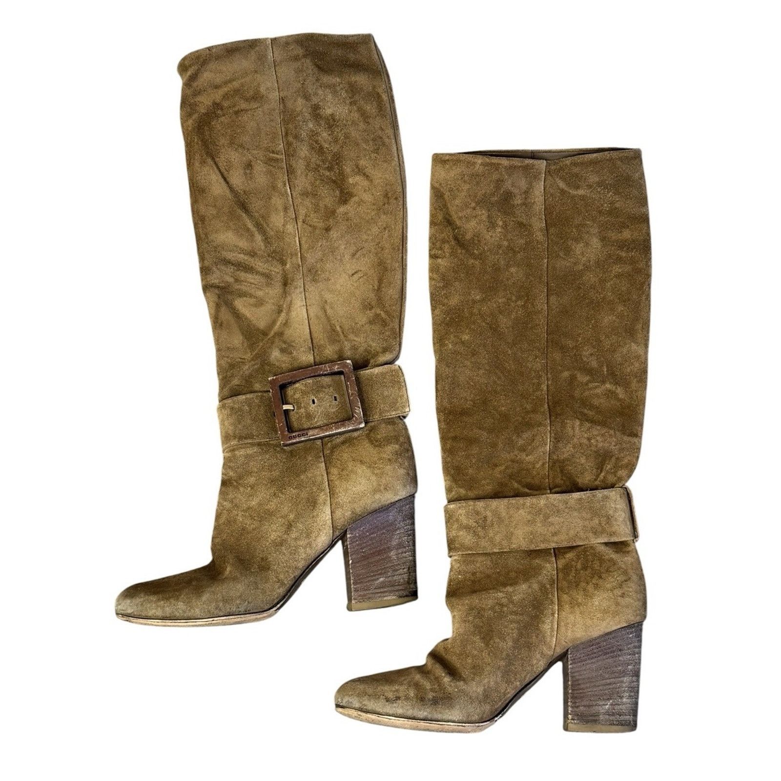 Gucci Vintage GUCCI Brown Suede Boots Wood Buckle Block Heel Sz 38 Size US 7 / IT 37 - 1 Thumbnail