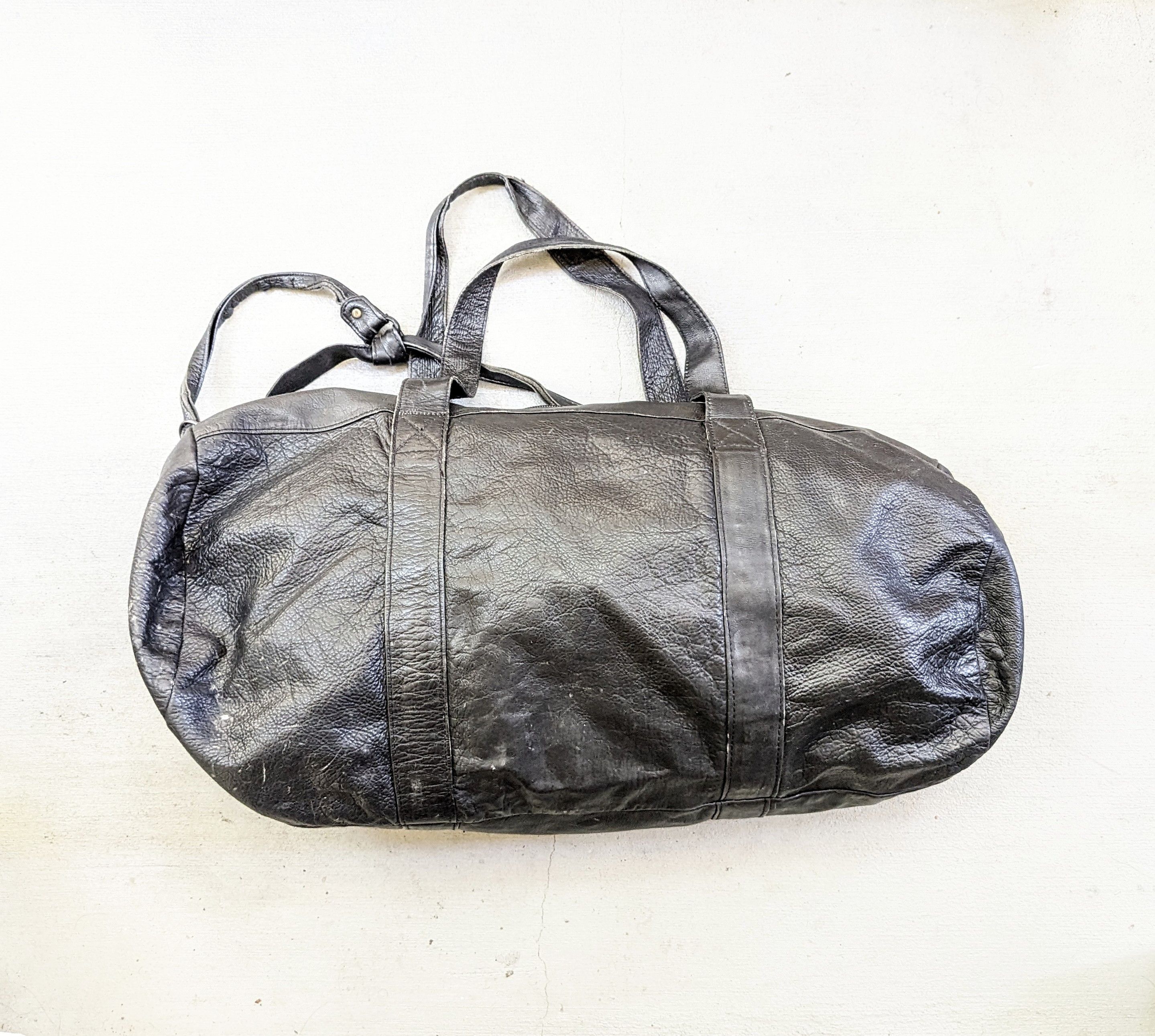 image of Genuine Leather x Vintage Leather Duffle Bag Black Zip 80's Travel, Men's