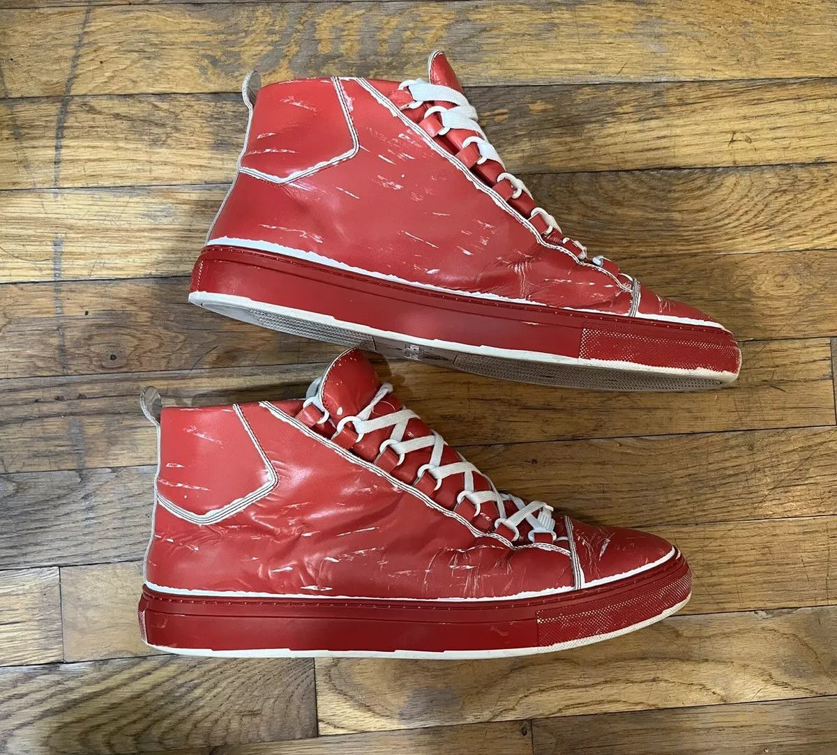 Balenciaga Arena Red White 11 Leather High Tops Shoes, Men's