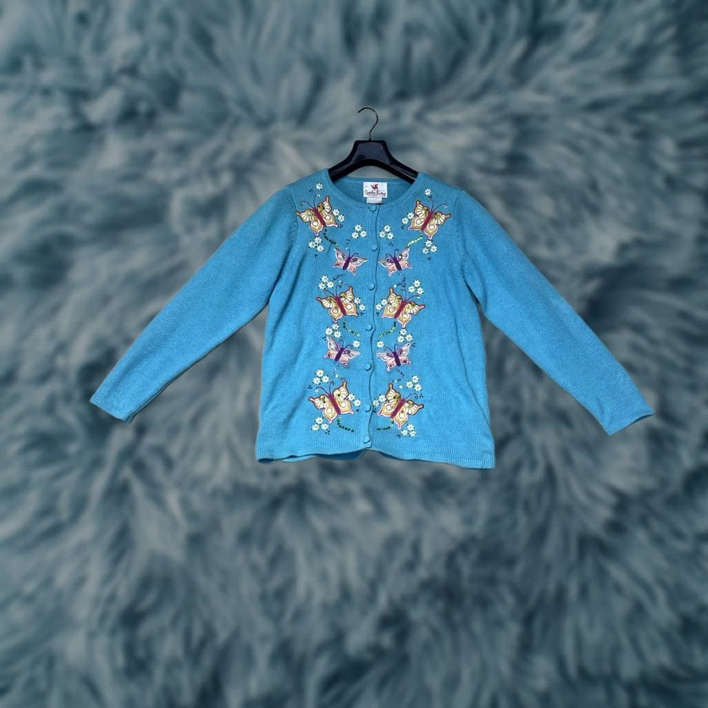 Quacker Factory Quacker Factory Sweater Womens M Blue Embroidered Butterfly Cardigan Button Women Size M / US 6-8 / IT 42-44 - 1 Thumbnail