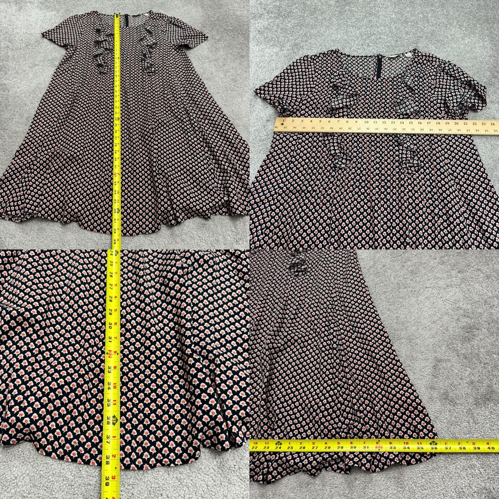 Vintage 11:1 Tylho Floral Ruffle Shirt Dress Womens L Black Red Short Sleeve Knee Length Size L / US 10 / IT 46 - 8 Thumbnail