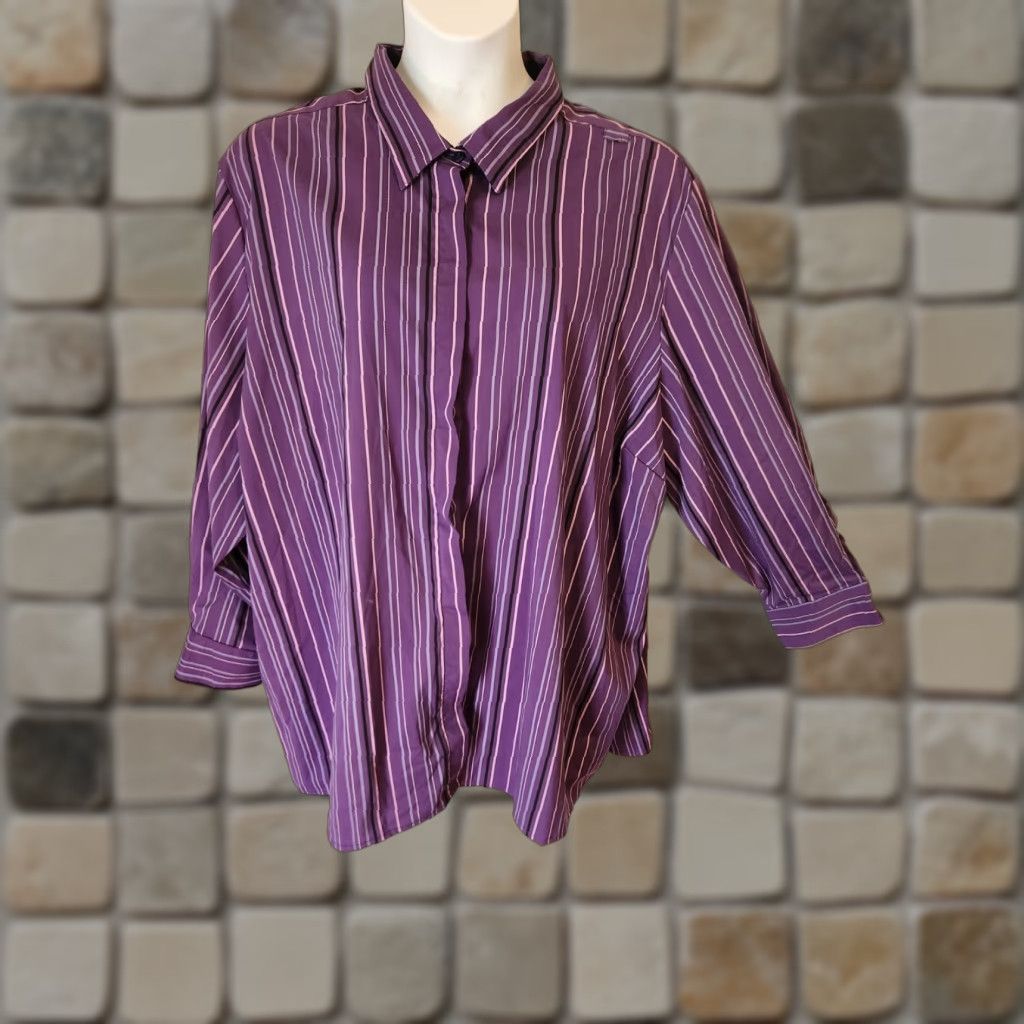 Vintage Doc & Amelia Premier By Cintas Purple Button Up Stripe Uniform Shirt 6X Tall Womens Size US XXL / EU 58 / 5 - 1 Thumbnail