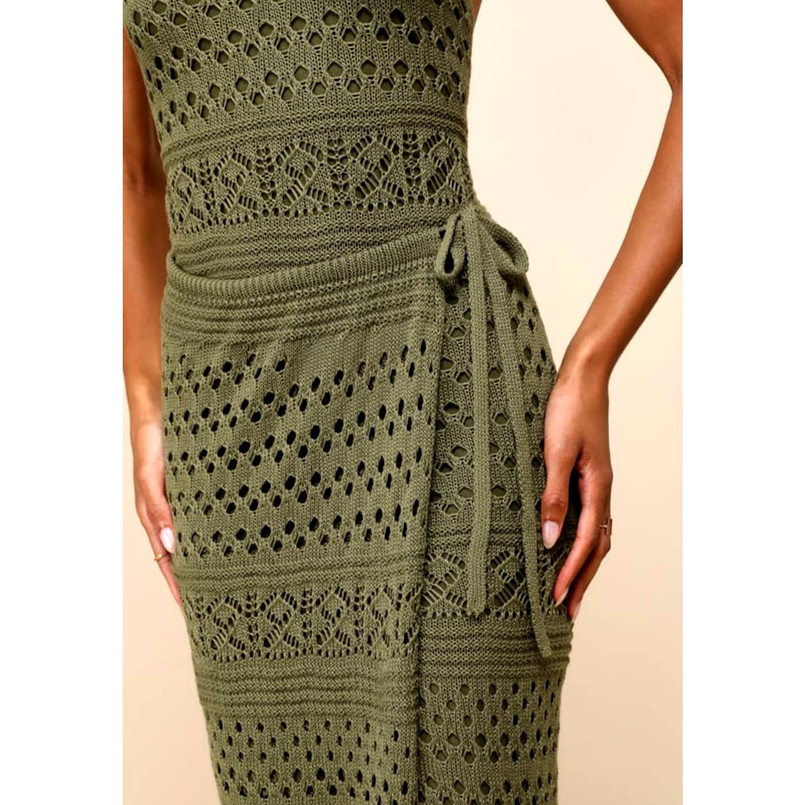 Other Lulu's Blissful Strolls Crochet Wrap Halter Midi Olive L Size L / US 10 / IT 46 - 4 Thumbnail