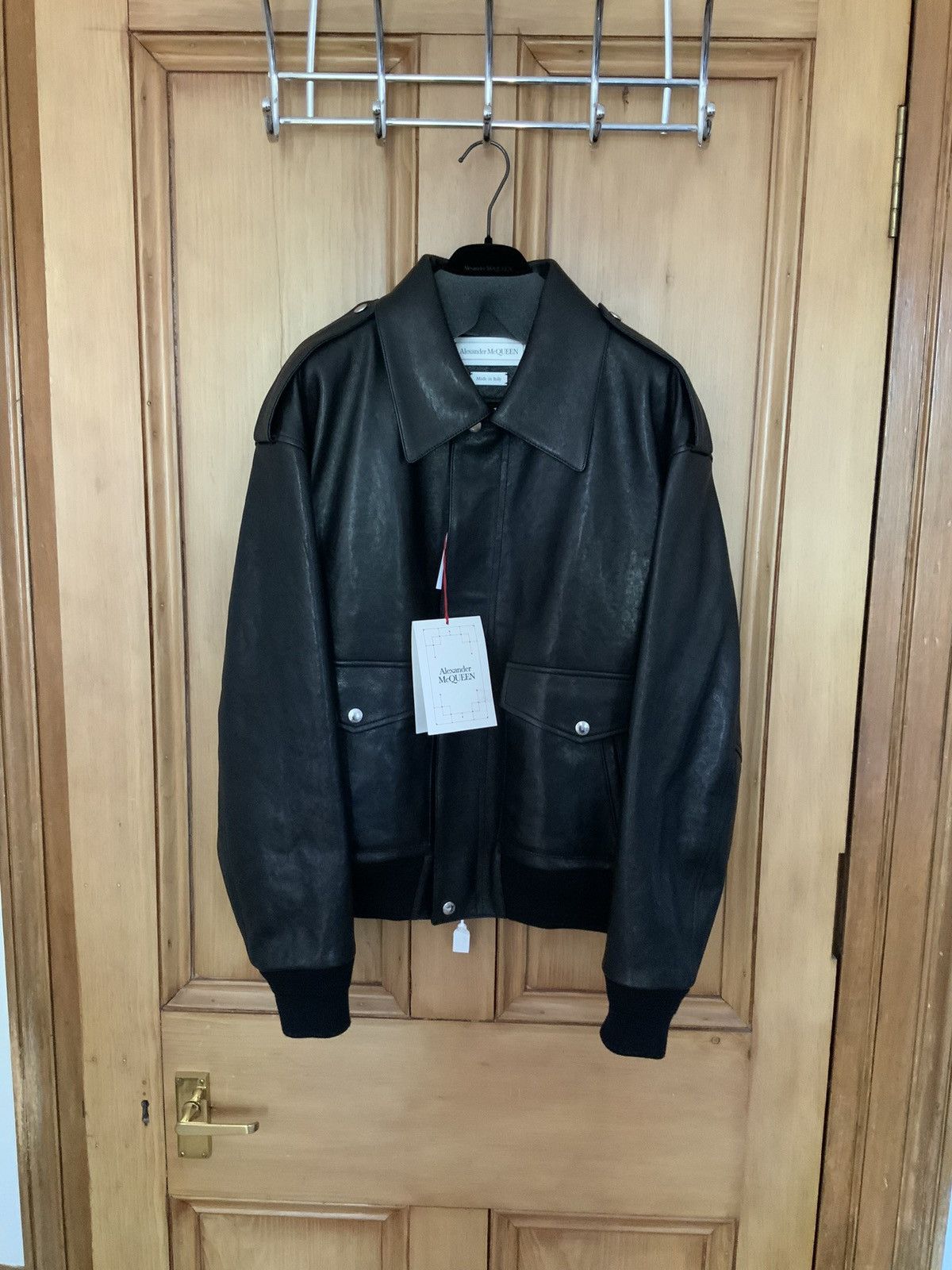 image of Alexander Mcqueen Leather Bomber Jacket in Black, Men's (Size Large)