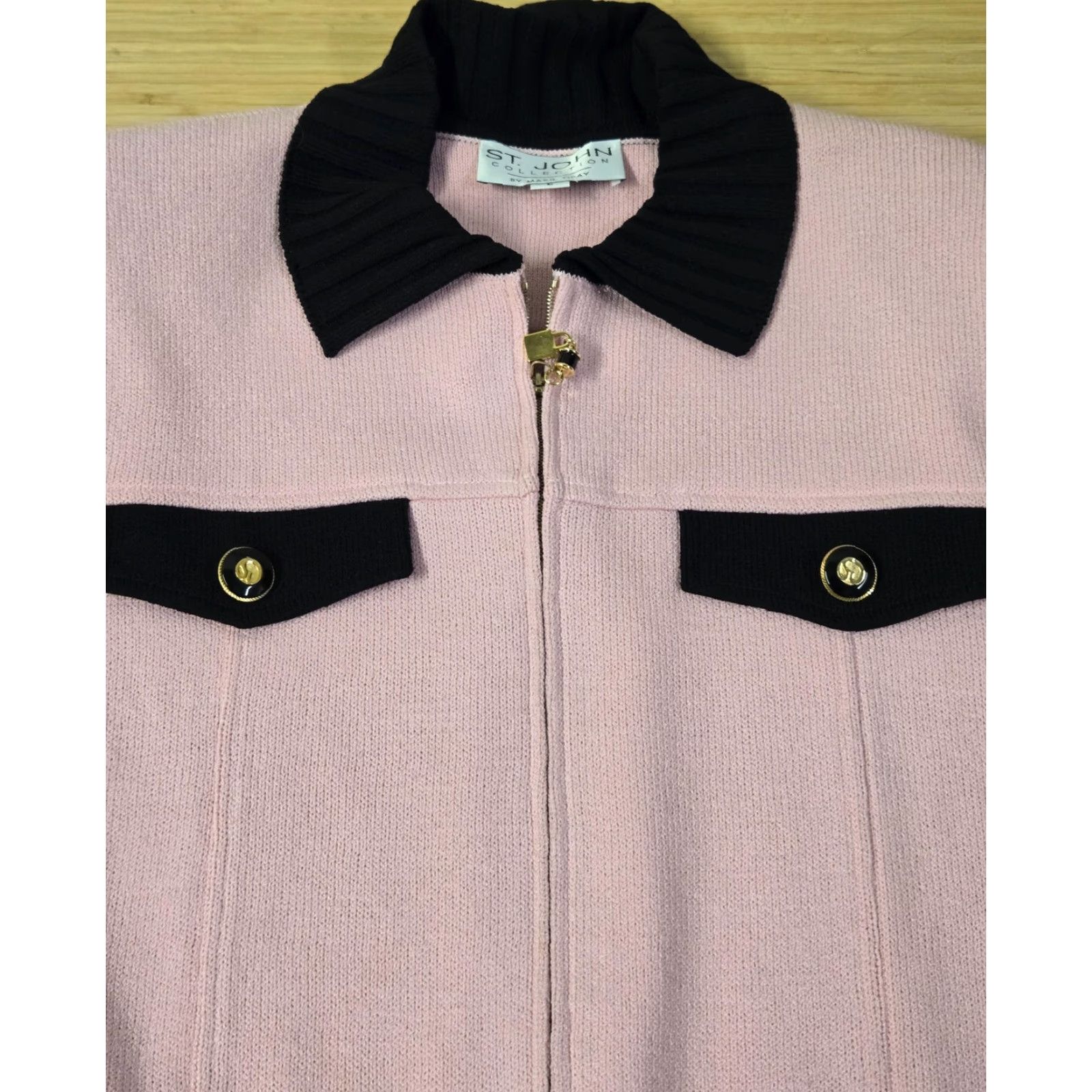 St. John VINTAGE St John Collection Sweater Womens Large Pink Black Zip Cardigan Jacket Gold Zip Size L / US 10 / IT 46 - 4 Thumbnail