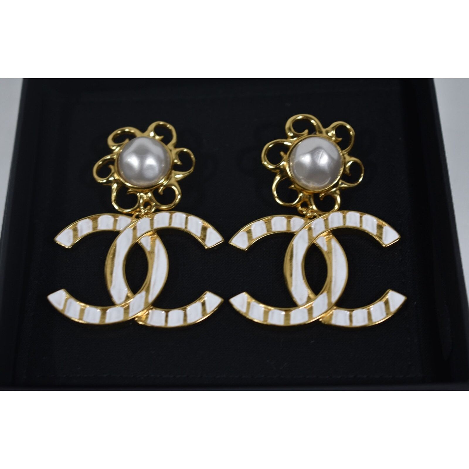 Chanel Chanel Gold White Stripe Dangle Drop Statement Earrings Size ONE SIZE - 4 Thumbnail