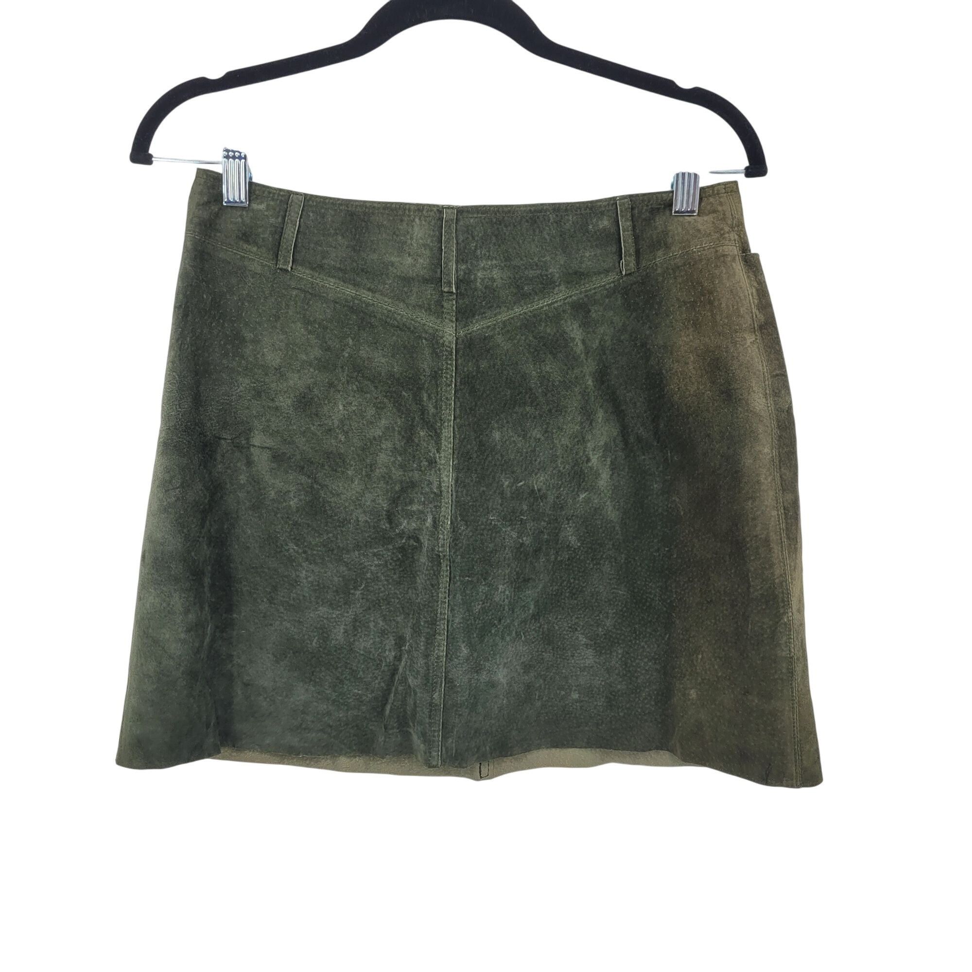 Vintage Vtg Olive Forest Green Suede Leather A-line Mini Skirt Women Size 32" / US 10 / IT 46 - 2 Thumbnail