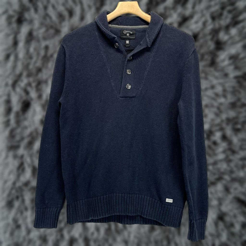 Converse VINTAGE Converse Sweater Shirt / Pullover Knit Henley - Mens Medium Navy Button Shawl Collar Cotton Knit Heavyweight Preppy 90s (if applicable) Size US M / EU 48-50 / 2 - 1 Thumbnail