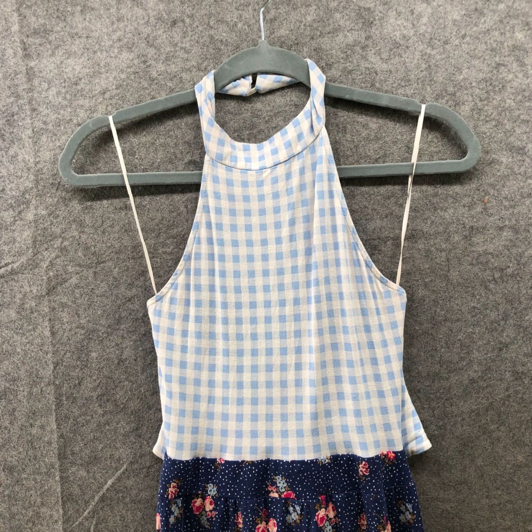 Asos ASOS Midi Dress 4 Blue Gingham Floral Halter Jersey Knit Tie Back Sleeveless Mids Size S / US 4 / IT 40 - 3 Thumbnail