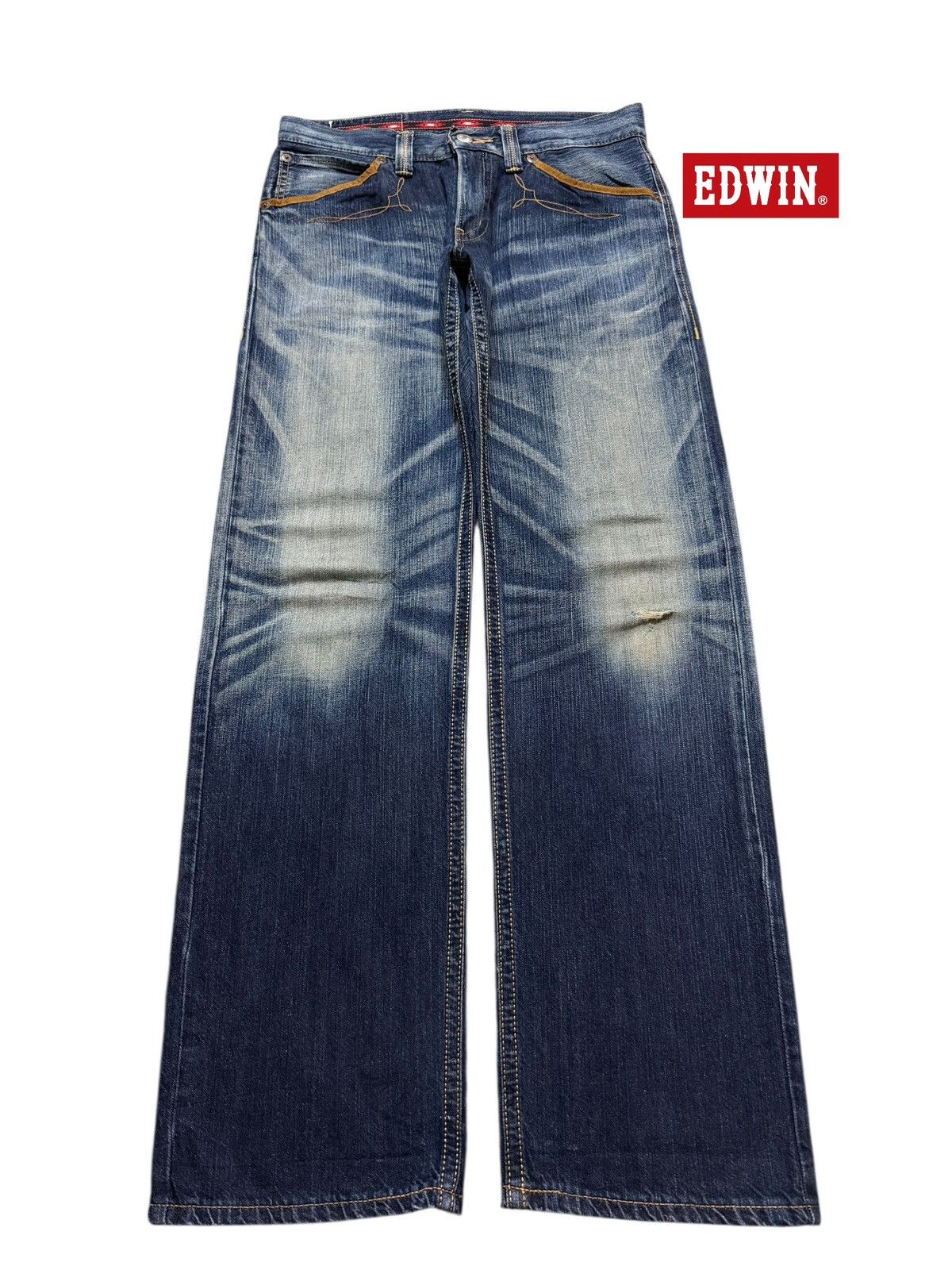 Edwin Vintage 90s Edwin XV Blue Faded Wash Whisker Wide Leg Loose Size US 33 - 1 Thumbnail