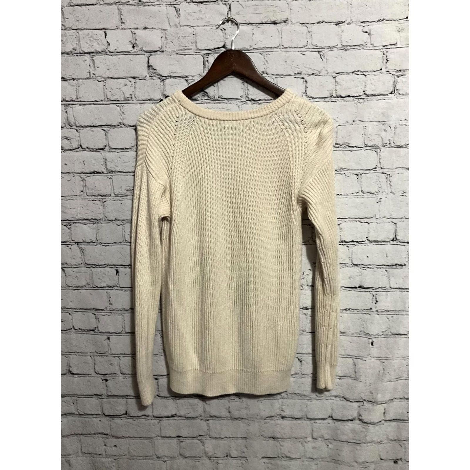 Ann Taylor Ann Taylor Knit Sweater with Black Beaded Neckline - Cream - Petite L - Long Sleeve - Crew Neck - Embroidered Accent - Solid - Women Size L / US 10 / IT 46 - 4 Thumbnail