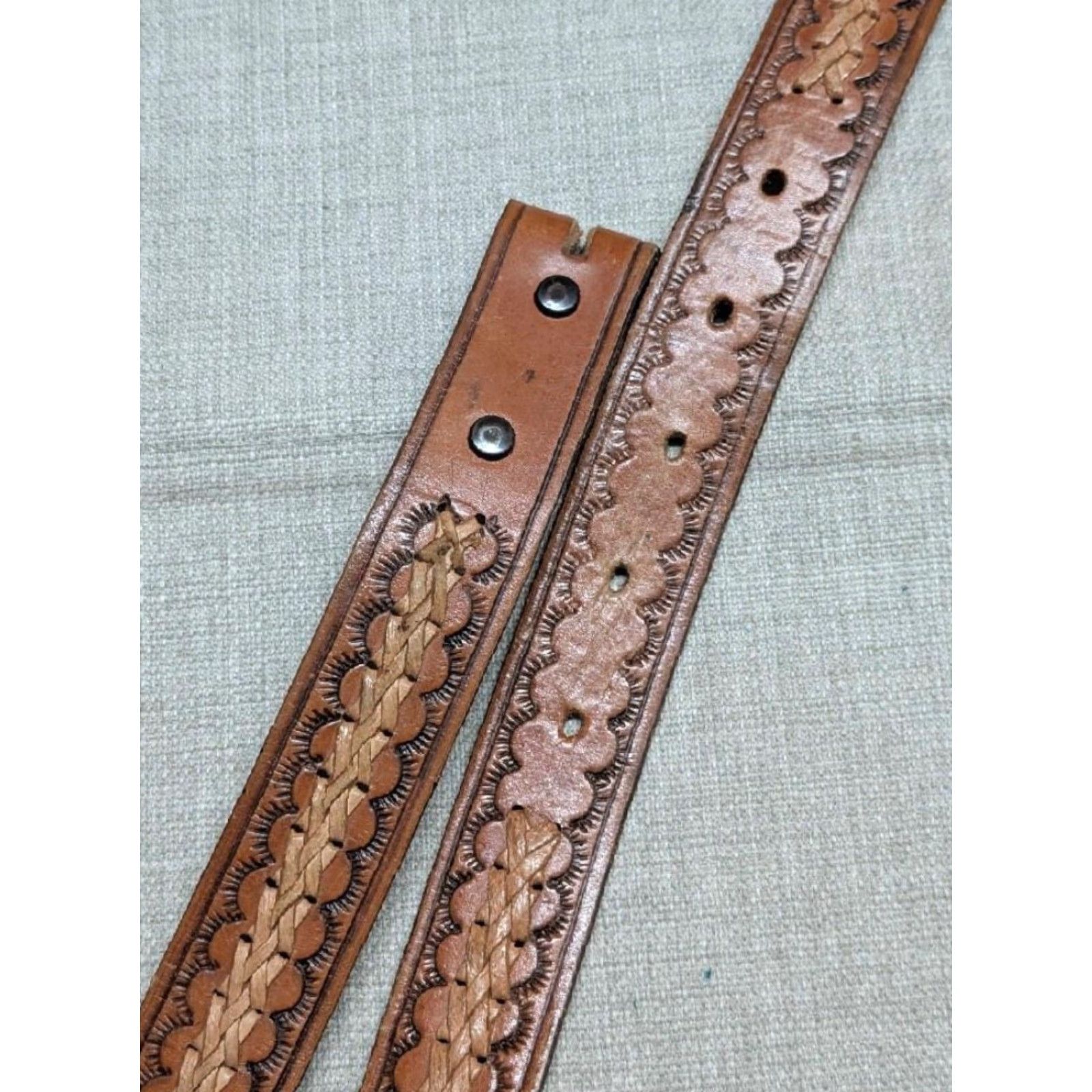 Vintage VINTAGE handcrafted western belt for Men 34 brown cowhide leather Tooled Braided buckle belt 1-3/8" width Size 34 - 6 Thumbnail