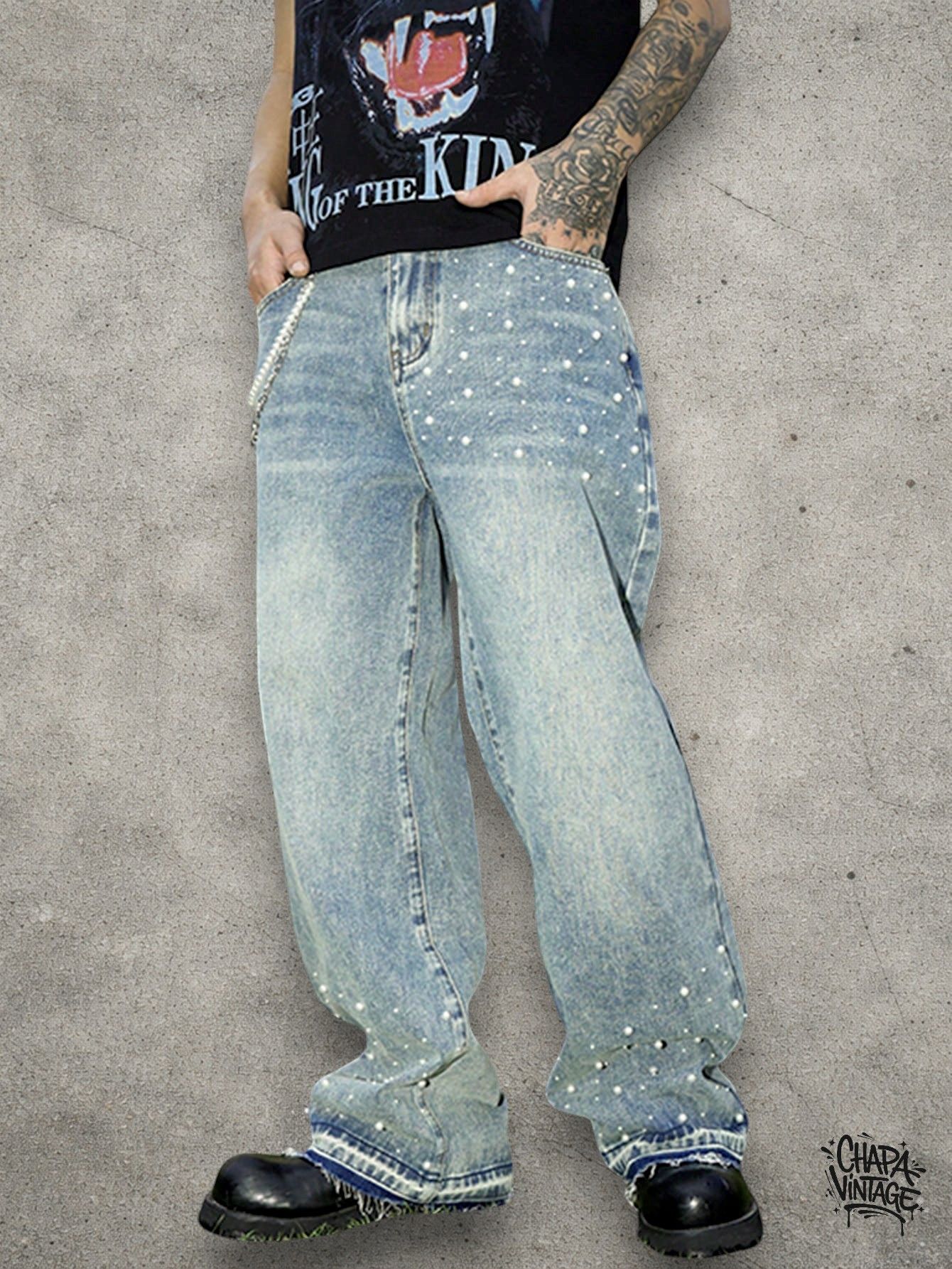 Japanese Brand Baggy washed rhinestone jeans Size US 32 / EU 48 - 3 Thumbnail