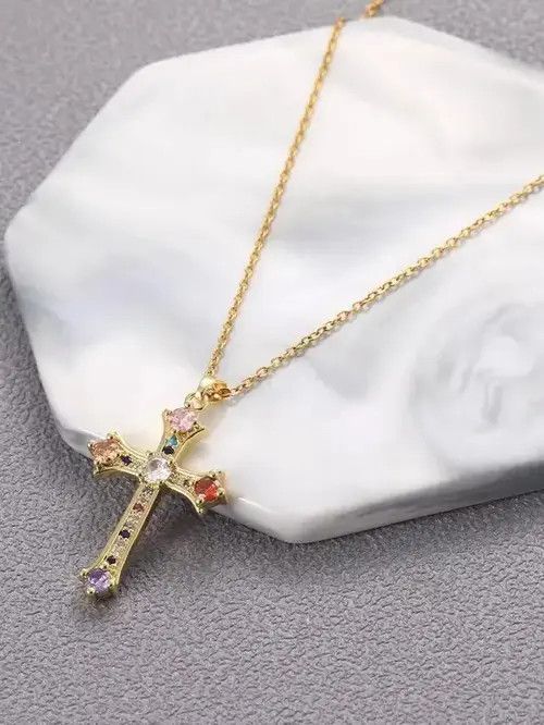 Jewelry × Vintage Retro Punk Stainless Cross Rhinestone Pendant Gold Size ONE SIZE - 3 Thumbnail