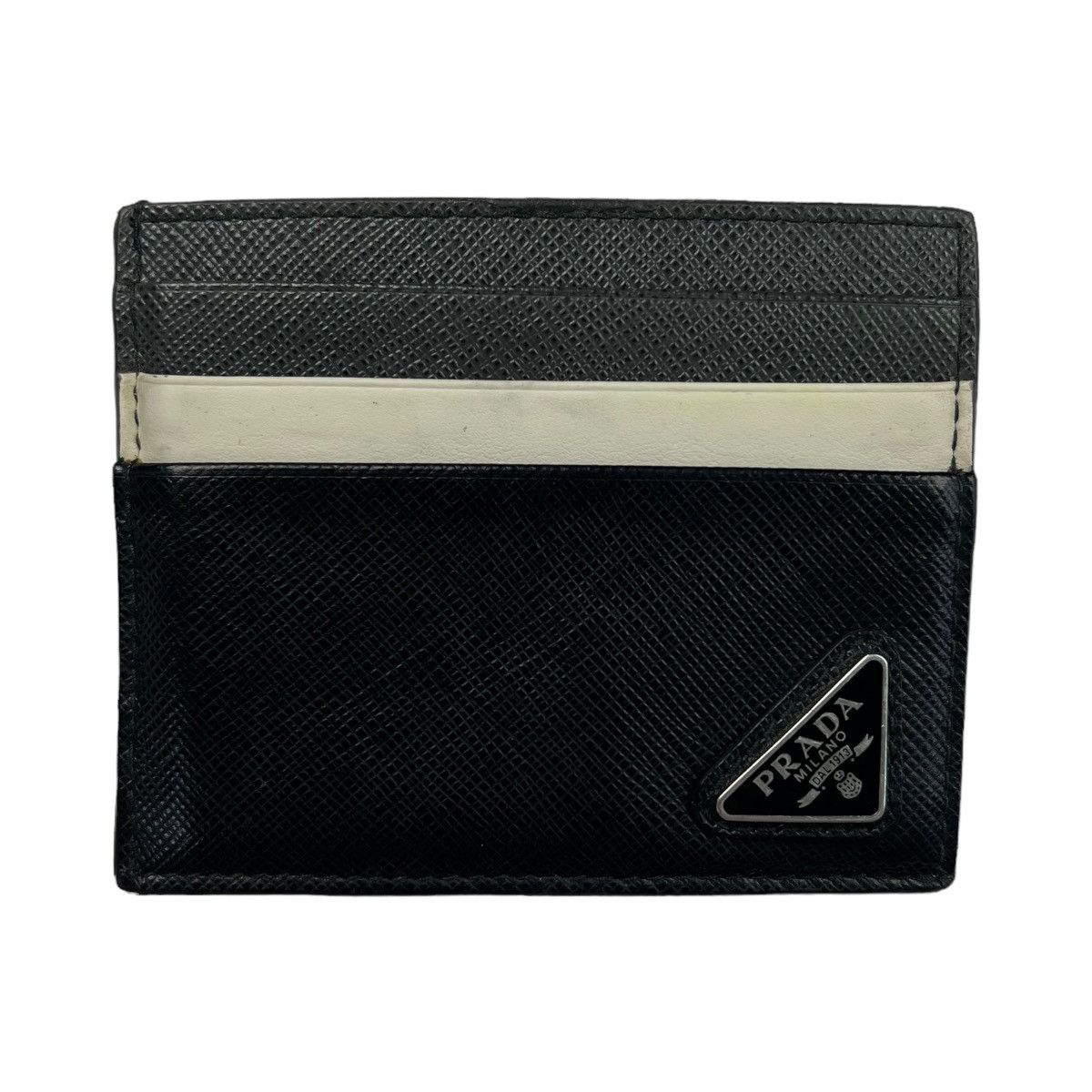 image of Prada Saffiano Triangle Card Holder Wallet in Black, Men's