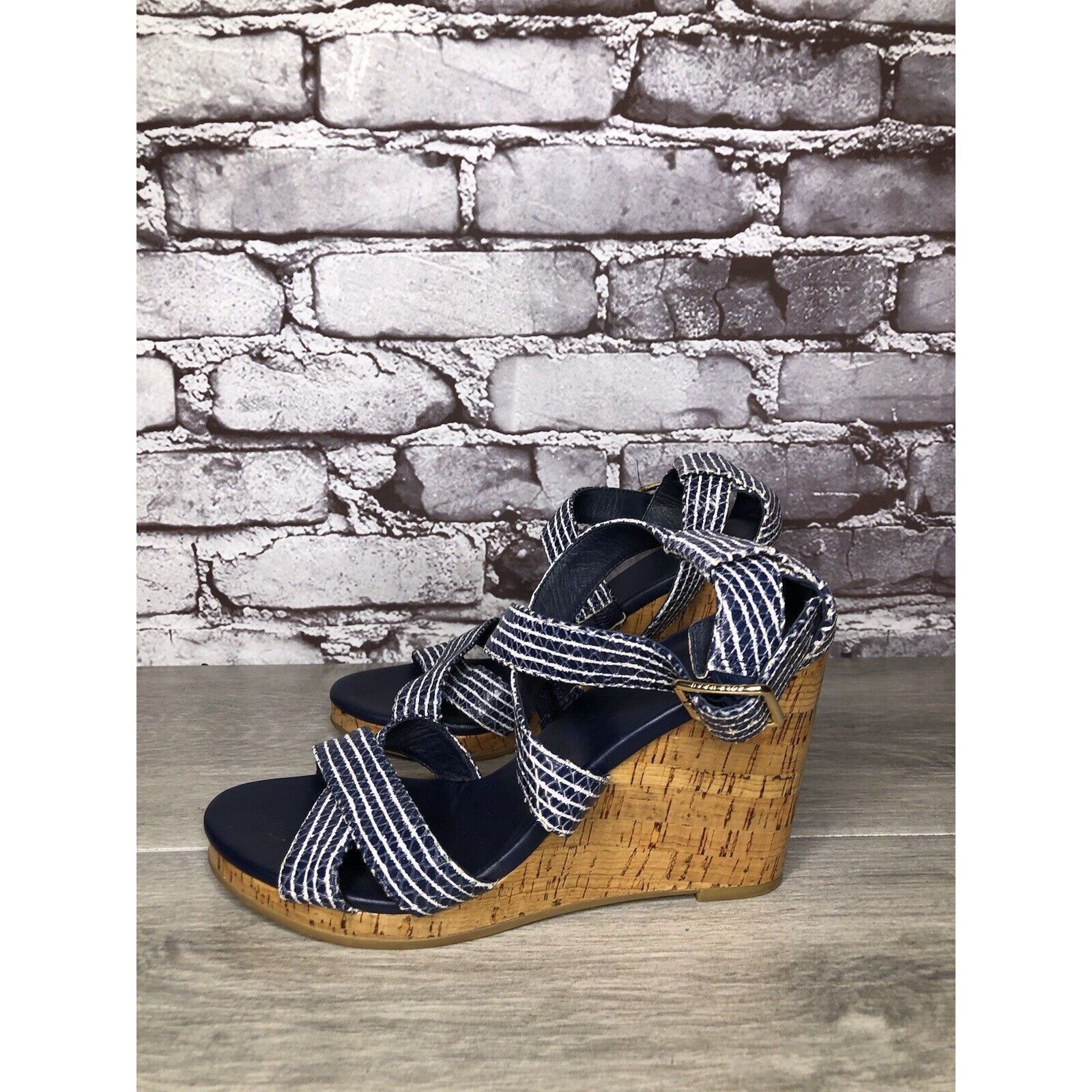 Cole Haan Cole Haan Grand OS Blue White Stripe Leather Cork Wedge Sand Size US 7.5 / IT 37.5 - 5 Thumbnail