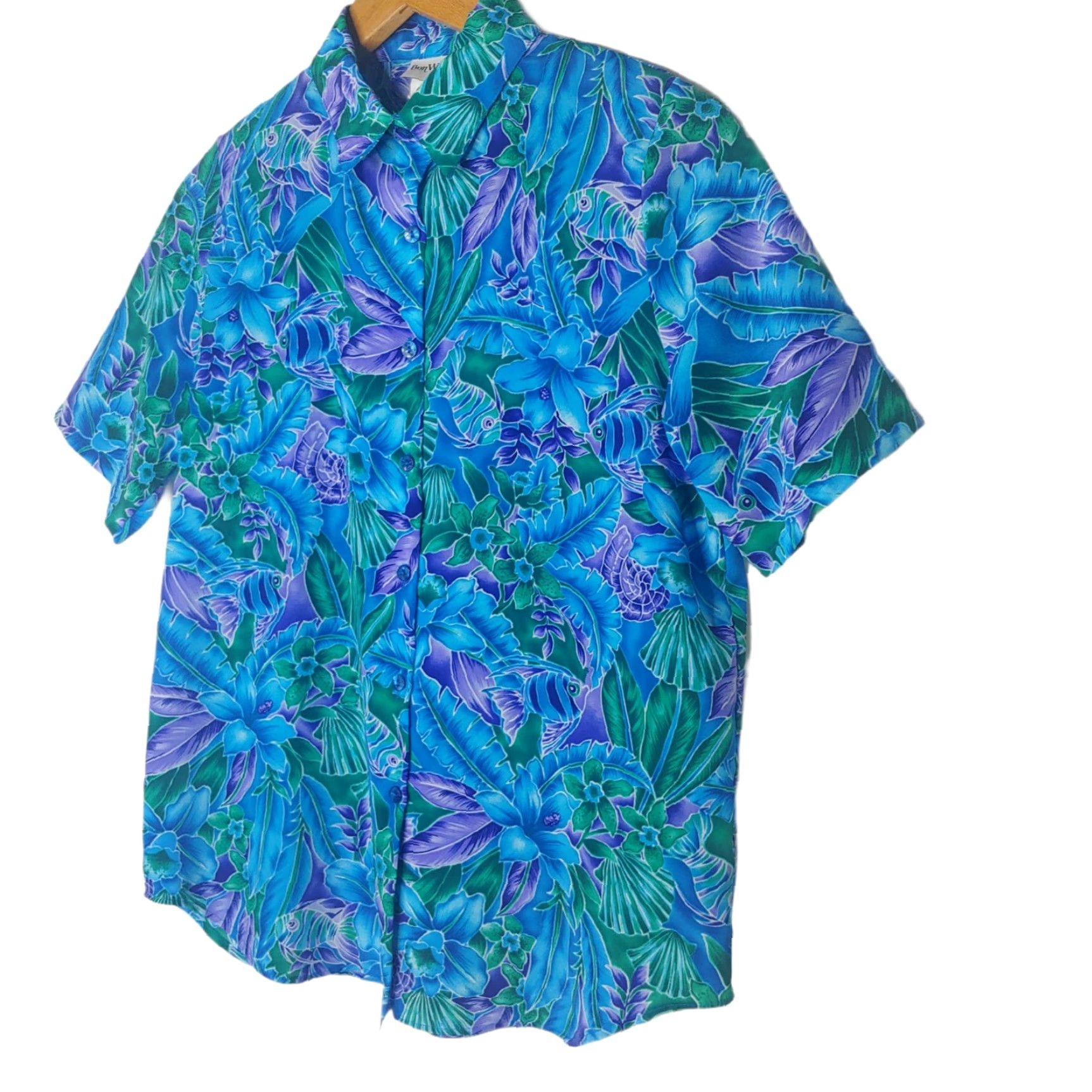 Vintage VINTAGE BonWorth Blouse Womens XS Blouse Short Sleeve Floral Fish Tropical Aloha Blue Purple Green Casual 90s Womens Size XS / US 0-2 / IT 36-38 - 2 Thumbnail