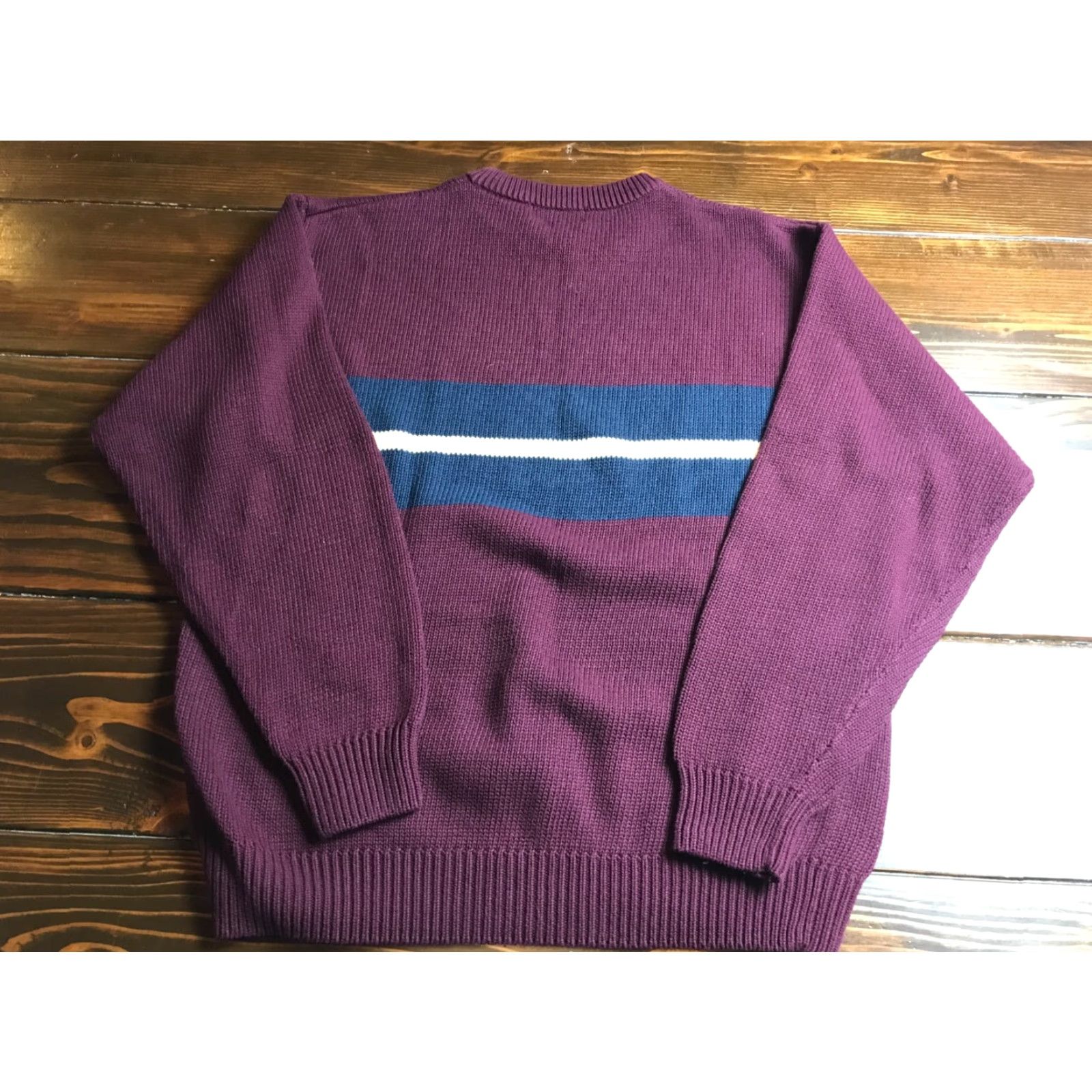 Croft & Barrow Croft & Barrow Sweater Men's L Marron Navy Blue White Stripe Knit Crewneck Pullover Size US L / EU 52-54 / 3 - 2 Thumbnail