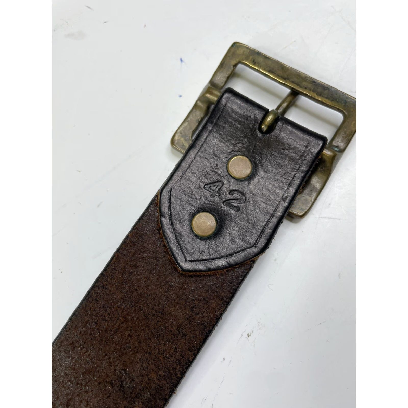 Ralph Lauren VINTAGE Ralph Lauren Belt Leather Brown Mens 42 USA Made Thick Heavy Brass Buckle Size 42 Minimal wear Size 42 - 4 Thumbnail