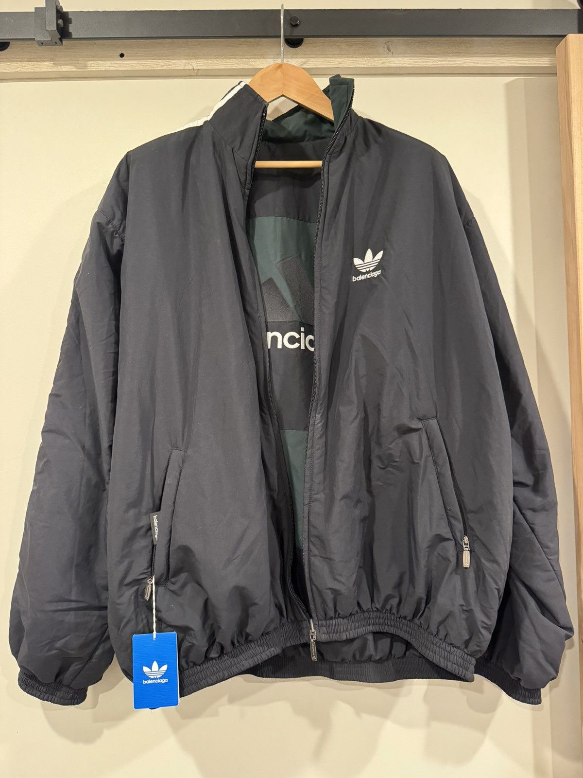 image of Balenciaga X Adidas Reversible Poplin Track Jacket in Black/Green, Men's (Size XL)