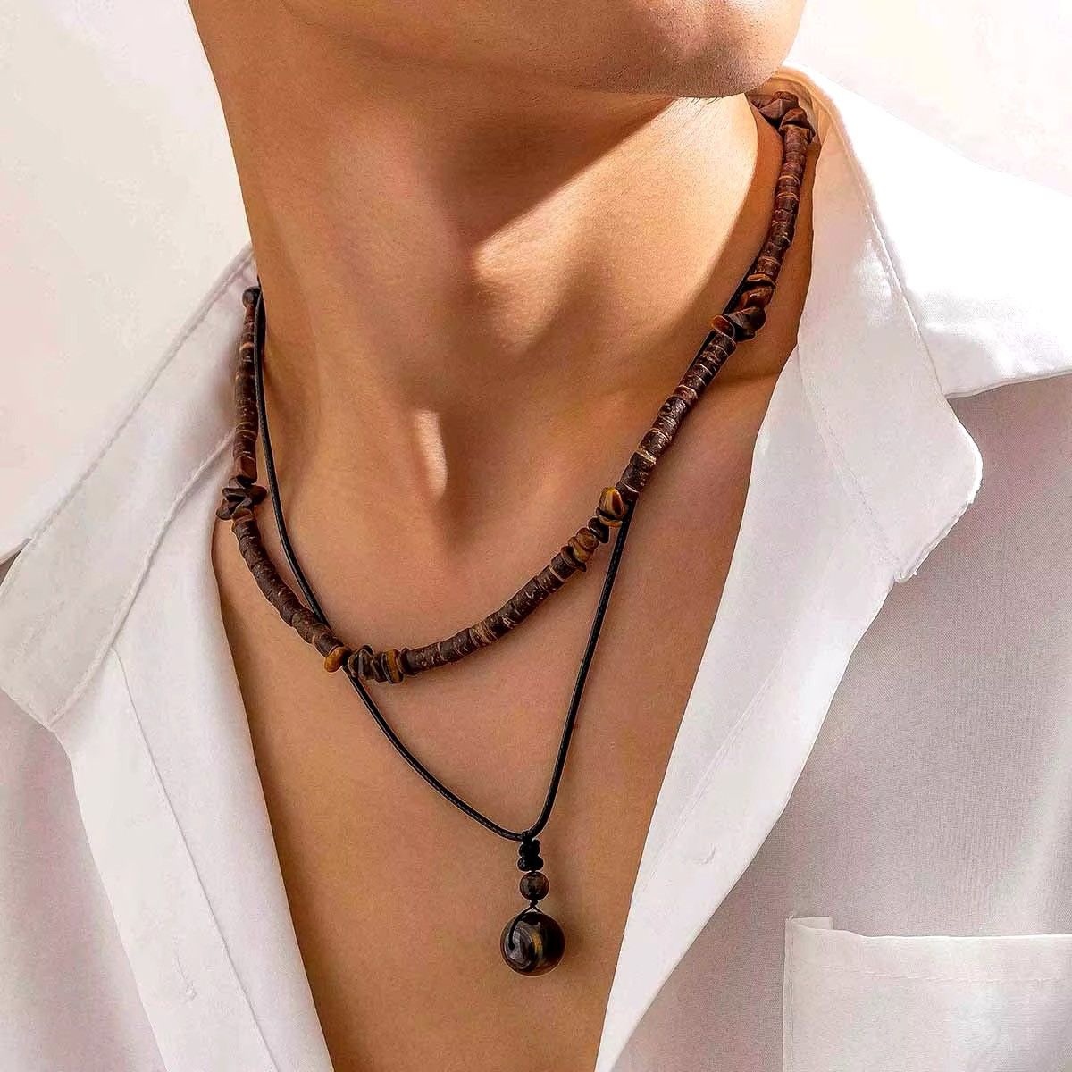 Japanese Brand Boho Double Wood Pine Stone Necklace Size ONE SIZE - 1 Thumbnail