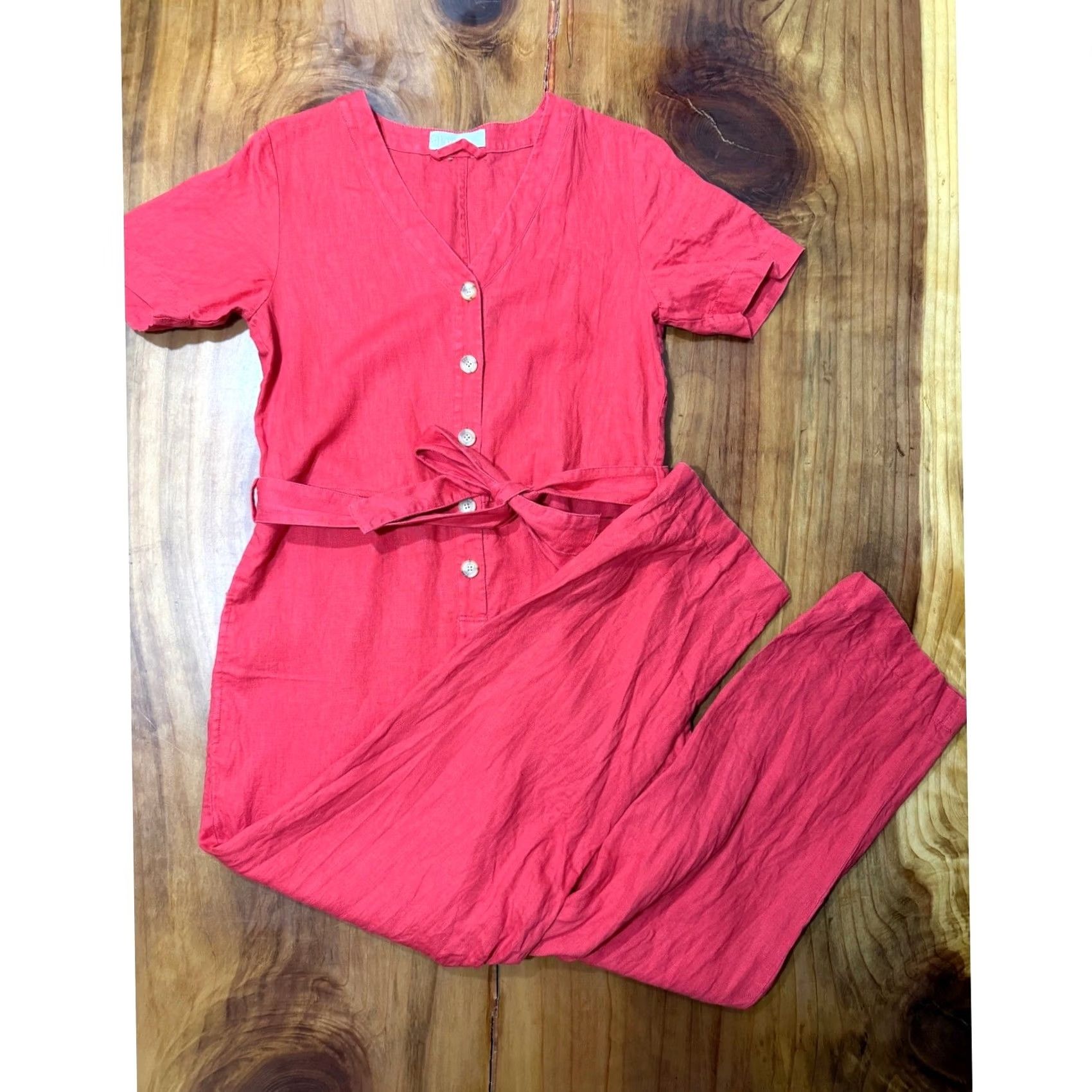 Everlane Everlane Tie Womens 0 Red Women Jumpsuit Linen Button waist Short sleeve JJ22 Size 25" / US 0 / IT 36 - 2 Thumbnail