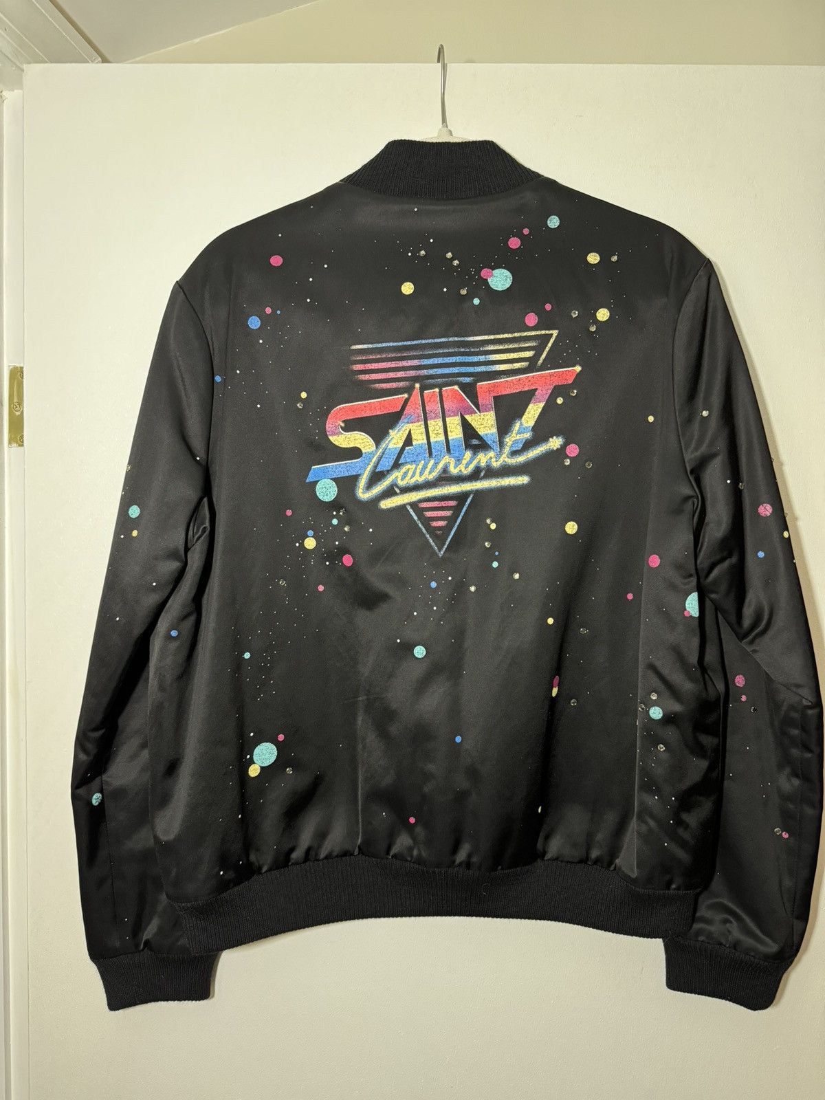 image of Saint Laurent Paris Saint Laurent Satin Galaxy Bomber With Crystal Appliqué in Black, Women's (Size