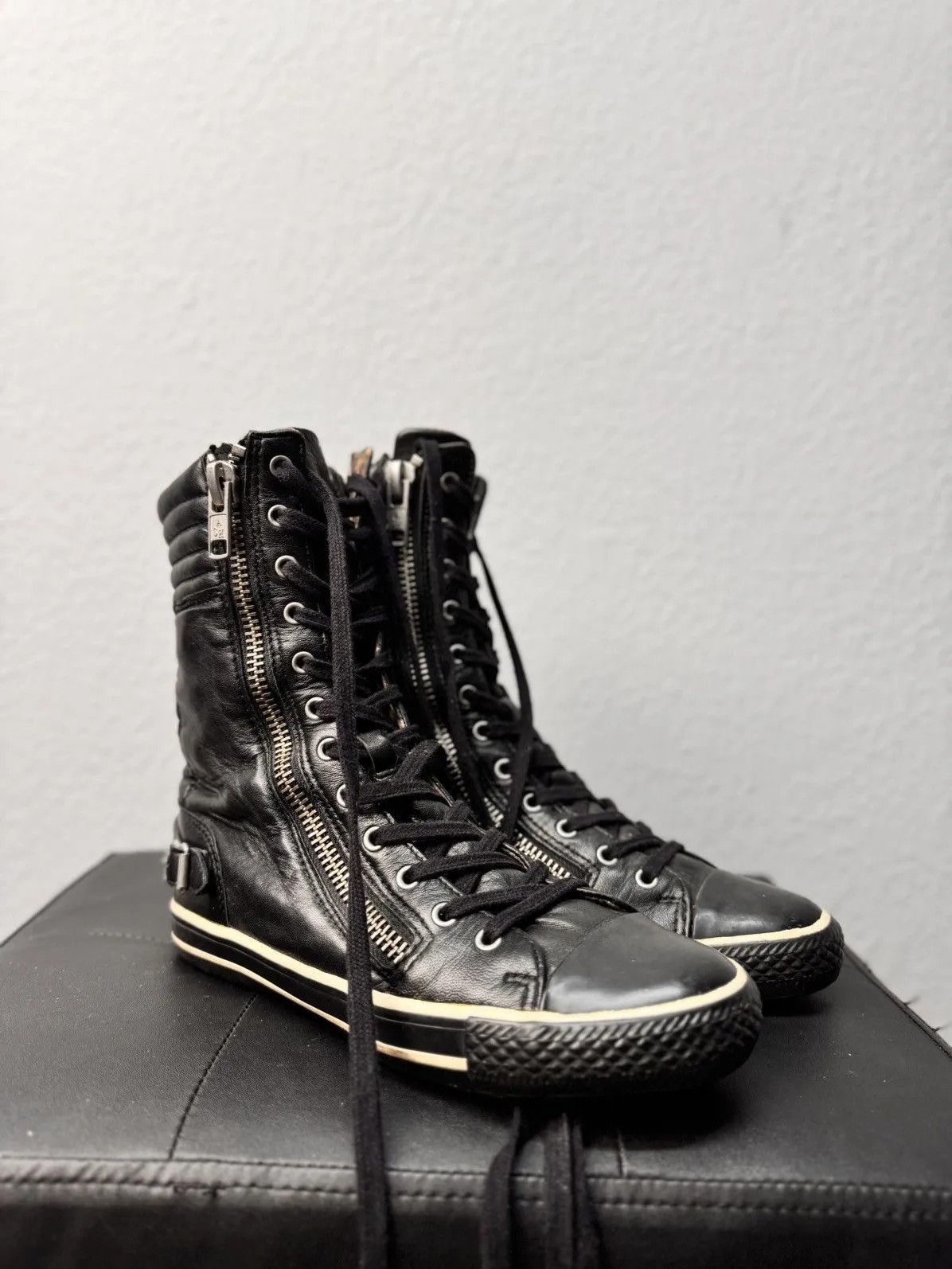 Airstep x Avant Garde Vintage Replay Heel Shoes Rick Owens Style Leather Biker Boots in Black, Women's (Size 8)