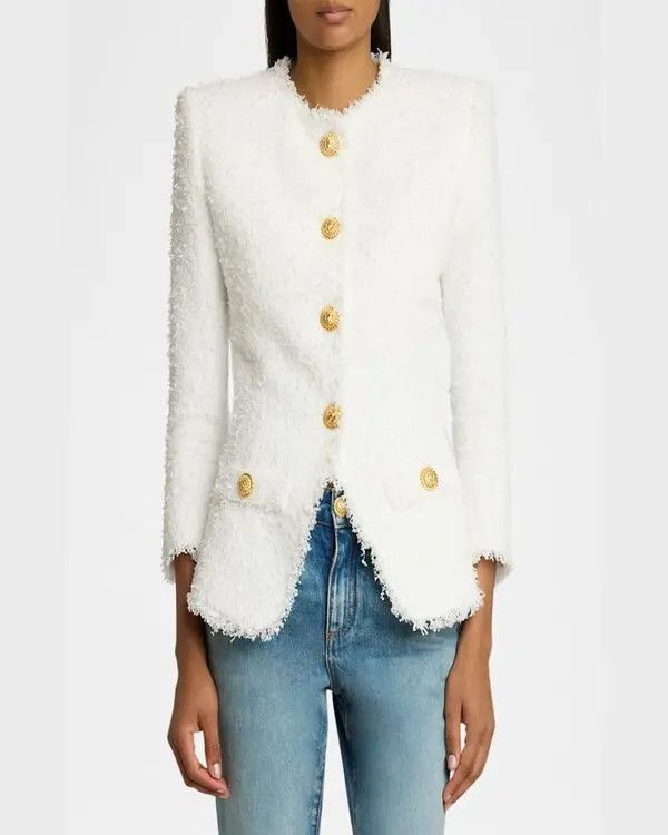 Balmain o1s1wg111225 Collarless Tweed Jacket in White Size L / US 10 / IT 46 - 2 Thumbnail
