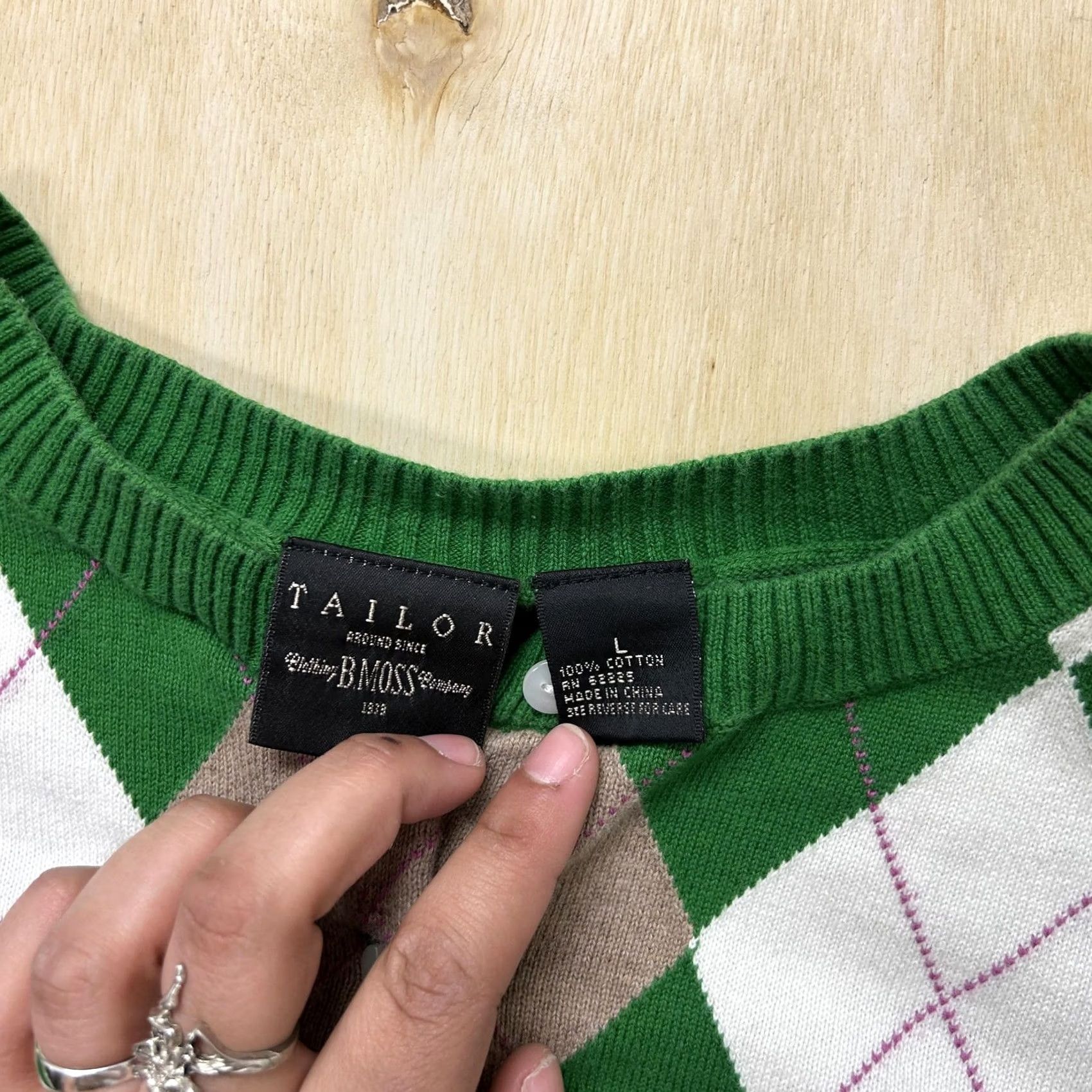 Tom Tailor TAILOR Cardigan Sweater Womens Large Green Argyle Button Crew Neck Tight-Knit Size L / US 10 / IT 46 - 3 Thumbnail